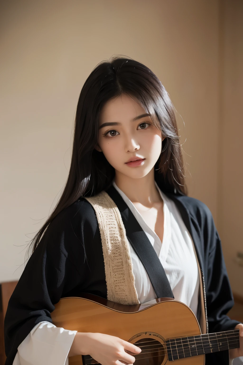 (8K, RAW photo, best quality, masterpiece:1.3),(real,photo:1.37),(black hair),posture,1 girl,very beautiful face,Lovely,(small),(put down your hands))),Poggy Hair style,Dunhuang,(Dunhuang服饰),,black hair,(19 years old),humble,five fingers,normal hand,small Mouth,straight hair，Lute in hand