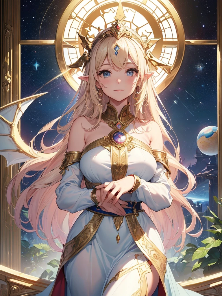 highest quality、Highest image quality、masterpiece、Super beautiful elf beauty((22 years old OL big bust、bust 90,beautiful long ironed hair、blonde、globe、、slender、Close-up、Esbian、beautiful tiara、High quality、beautiful art、background((starry ski)))muste piece、visual art、Depth of the bounds written、low angle of morning sky、、elf ears、、magic of light、space knight、harp melody🎵、A happy smile、gentle light、、Beautiful legs that are gentle on the skin、、、Number of fingers to achieve precise finger movements、ticker beautiful decorative dress、elegant、mystical rosa、beautiful dress、 heaven、marble columns, beautiful dressy、magnificent marble dome、giant galaxy、religious painting、embrace the earth、temple of time、great watch、hourglass、sundial、moment of creation!myth、alphonse mucha art、art noveau、byzantine art、folding screen picture、gold foil、Raphael's paintings、renaissance art、Giant White Dragon、dragon