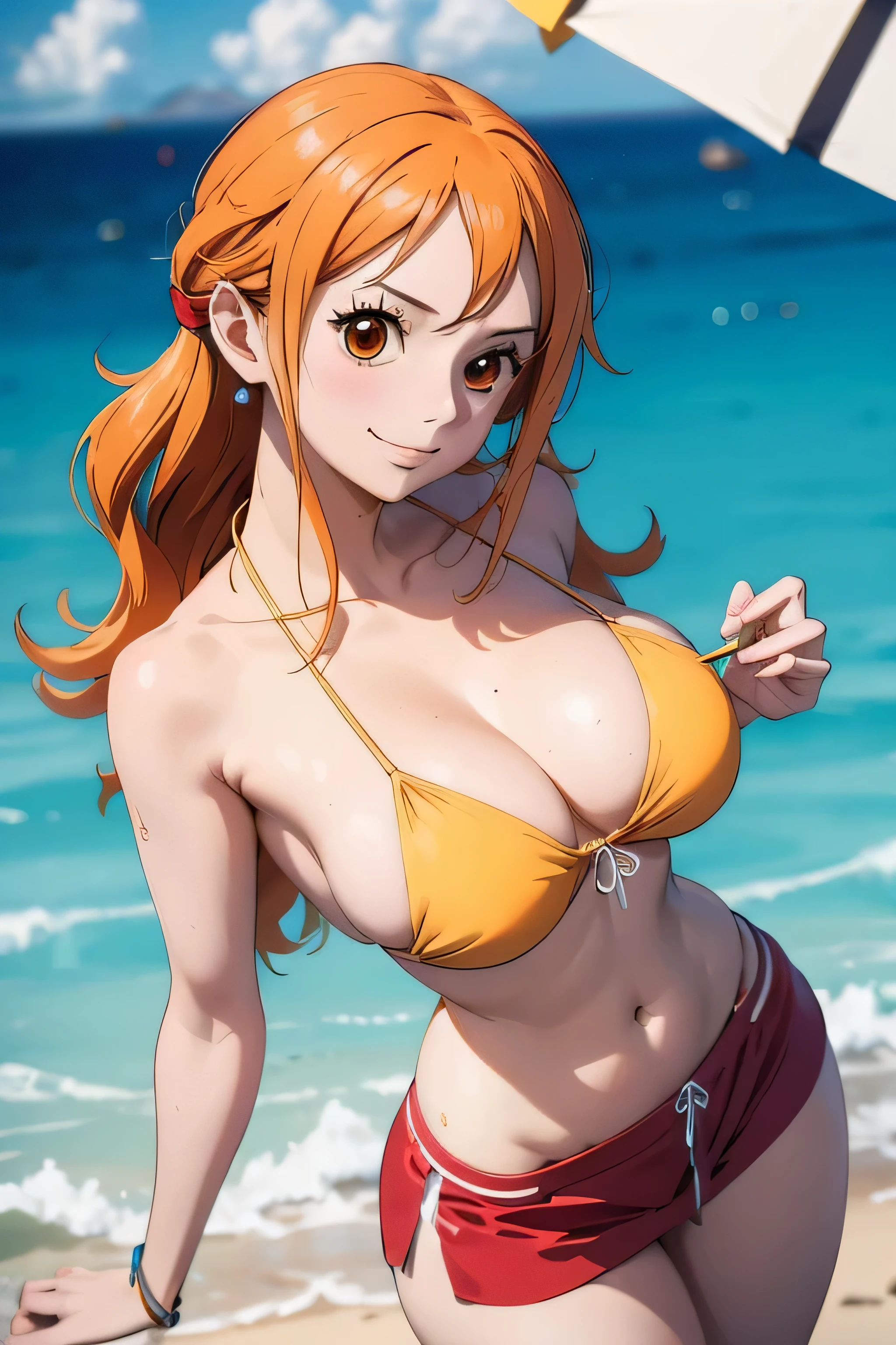 1 nami wears a bikini top and super red miniskirt, uma obra-prima, Retrato bonito, arte de anime digital detalhada, detalhes Muito Artgerm haha, deviantart artstation cgsscosiety, fanart melhor artstation, Artgerm. alto detalhamento, seios grandes, sem fundo , hdr , 8k 