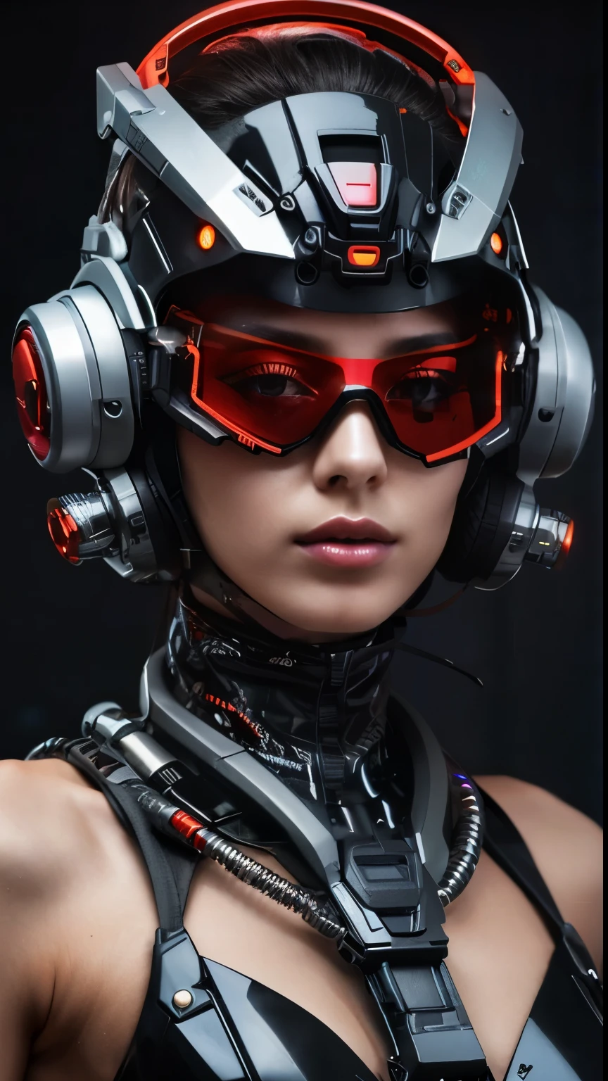 a close up of a woman wearing a helmet and headphones, beautiful cyberpunk woman model, portrait beautiful sci - fi girl, with futuristic gear and helmet, cyborg fashion model, portrait futuristic solider girl, futuristic clothing and helmet, beutiful girl cyborg, cyberpunk beautiful girl, cyborg girl, sci - fi look, cyber style, beautiful cyberpunk girl face