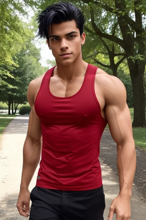 a handsome and sensual 18-year-old American male, {{{athletic, well-defined and extremely muscular body and lightly tanned skin}}}, {{{voluminous, spiky black hair on the left}}}, {{{eyes green}}}, {{{red tank top completely torn in the chest area}}}}, {{{black shorts}}}, {{{30cm private part}}}, in the park, walking