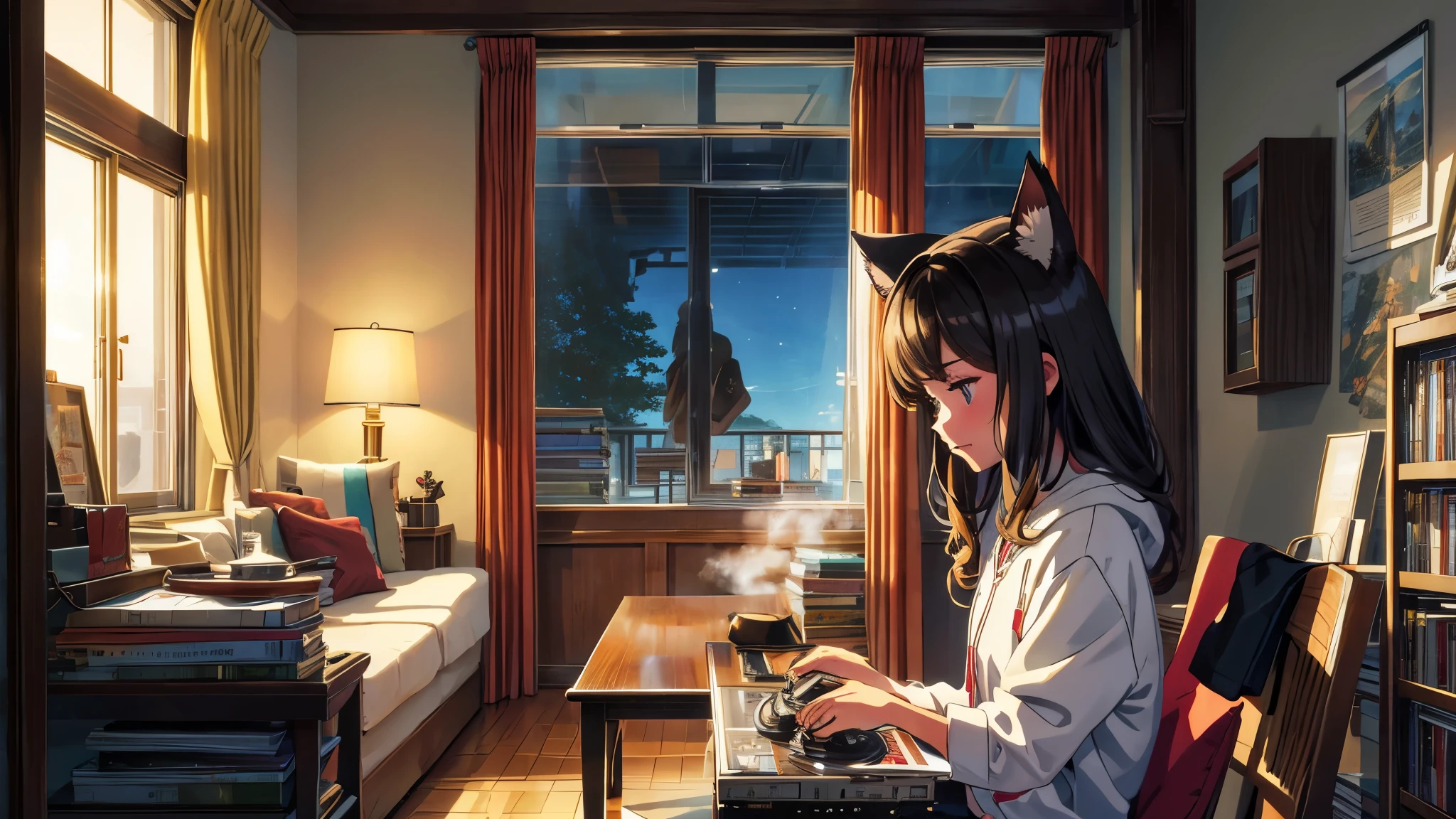 In a cozy room, the soft light of a lamp highlights a girl. She sits cross-legged, wearing a cat-ears hoodie, immersed in reading a book. Next door, a record player plays vinyl, while curtains move gently in the breeze. Through the window, a curious cat watches. A small table with a teapot emits subtle steam. These elements form a relaxing scene
