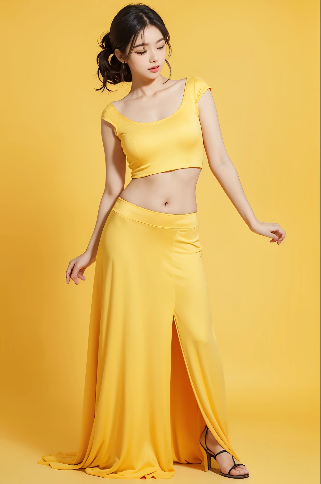1girl,random outfit, yellow background background,((very beautiful girl)), , ((long eyelashes)), half body, ((full body)), posing