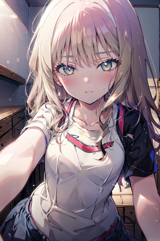 south, , highest quality, masterpiece, High resolution,Sweat, heart-shaped eyes, simultaneous, nadium chest, half closed eyes, blush, erotic face,show viewer, from below, concentrated, Beyond the particles of light, love hotel bedroom, Large T-shirt,Black string underwear,sexy pose,straddle