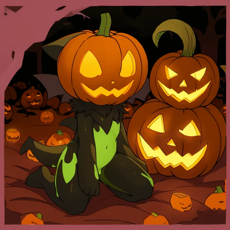 The tail  in the right position，halloween，night，pumpkin，Randomly colored slimes cover the body，kneeling