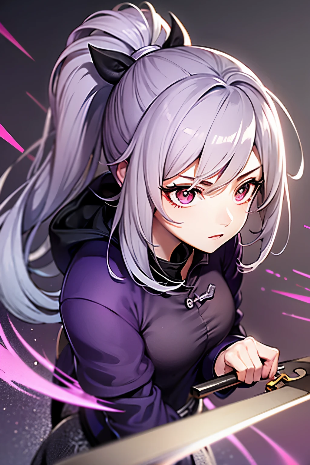 Silver hair, Chinese style, high ponytail, single ponytail, long jacket, long knife, fleece collar jacket, purple eyes, two-dimensional, comic style