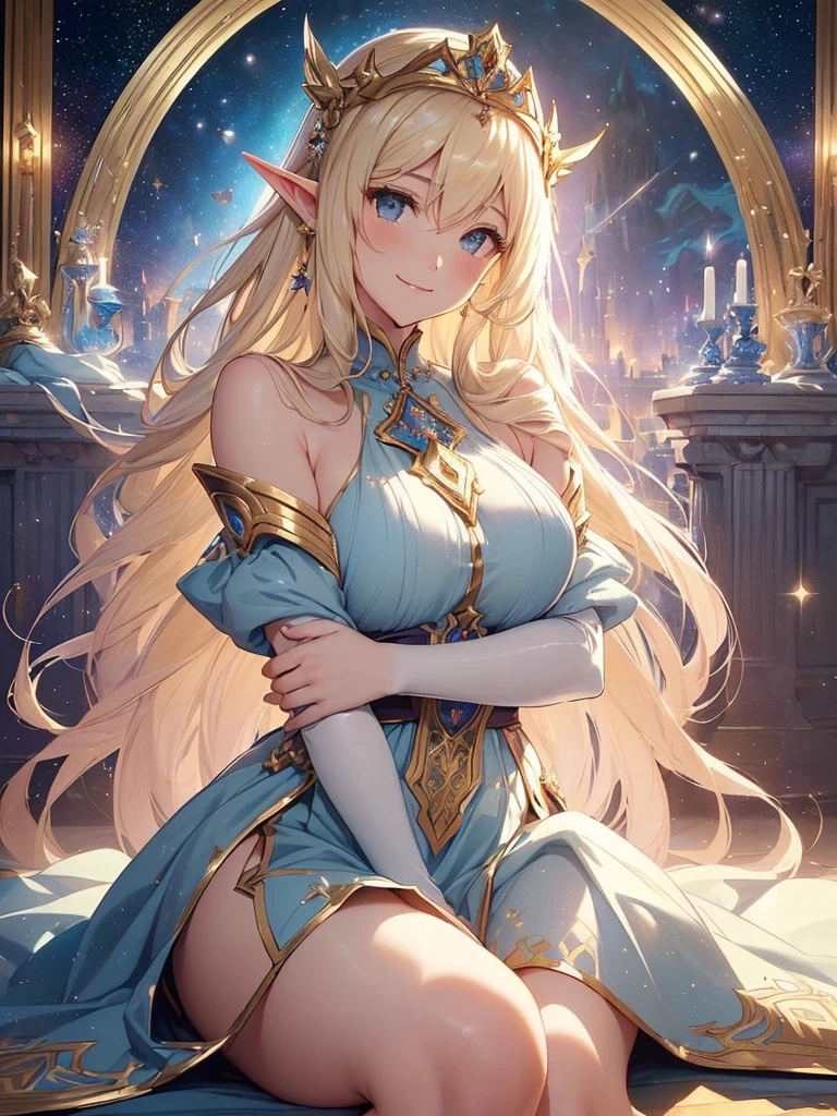 highest quality、Highest image quality、masterpiece、Super beautiful elf beauty((22 years old OL big bust、bust 90,beautiful long ironed hair、blonde、globe、、slender、Close-up、Esbian、beautiful tiara、High quality、beautiful art、background((starry ski)))muste piece、visual art、Depth of the bounds written、low angle of morning sky、、elf ears、、magic of light、space knight、harp melody🎵、A happy smile、gentle light、、Beautiful legs that are gentle on the skin、、、Number of fingers to achieve precise finger movements、ticker beautiful decorative dress、elegant、mystical rosa、beautiful dress、 heaven、marble columns, beautiful dressy、magnificent marble dome、giant galaxy、religious painting、embrace the earth、temple of time、great watch、hourglass、sundial、moment of creation!myth、alphonse mucha art、art noveau、byzantine art、folding screen picture、gold foil、Raphael's paintings、renaissance art、Friendly smile