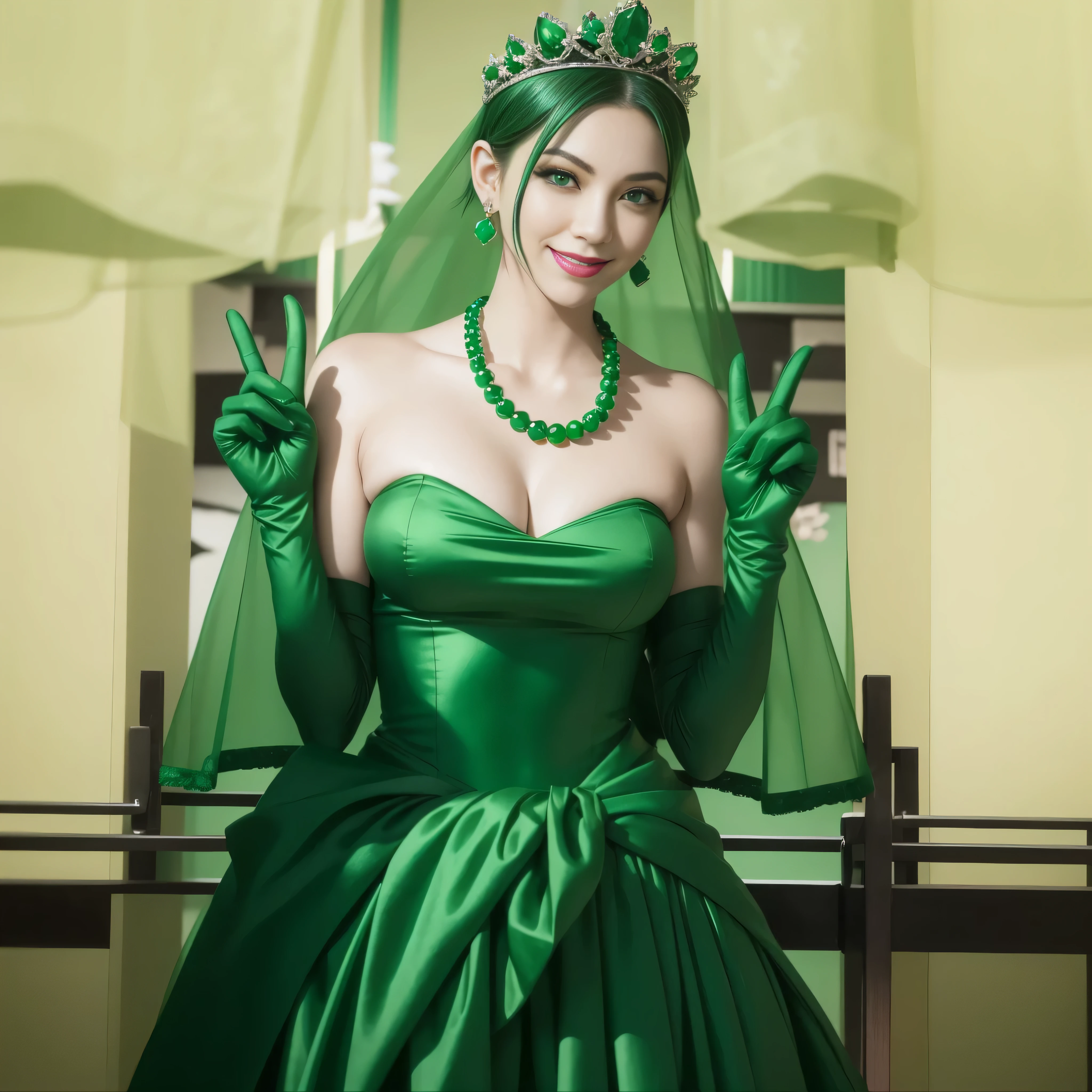 emerald tiara, Green Pearl Necklace, Boyish very short green hair, lipstick, Japan woman smiling, very short hair, big breasts beautiful, green eyes, Long green gloves made of satin material, green eyes, V sign, Emerald Earrings, green vale