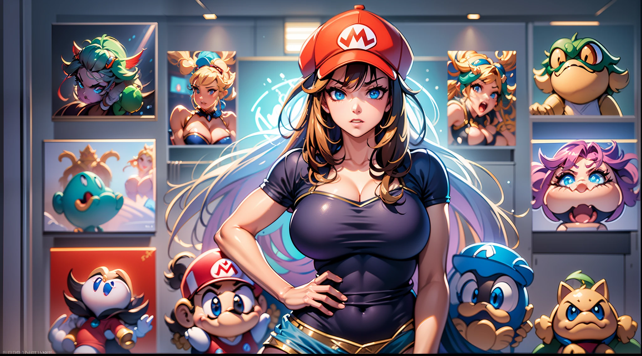 full body portrait of a photo realistic beautiful girl, 1 girl, facing forward, waifu, flowing hair, super mario bros. themed and labeled short modern clothing and a mario hat, big beautiful flirtateous open eyes, standing straight, cinematic lighting, super mario bros environment setting, highly detailed, digital painting, trending on artstation, pixiv, concept art, sharp focus, illustration, art by ross tran and wlop, Glowing eyes, Best quality, good lighting, large breasts with cleavage, seductive face, Masterpiece, highres,sharp focus,(ultra detailed,extremely detailed),(photorealistic artwork:1.37),(extremely detailed CG unity 8k wallpaper),(((vibrant colors,vibrant theme))),(intricate),(masterpiece),(best quality), girl is playing with a cute yoshi