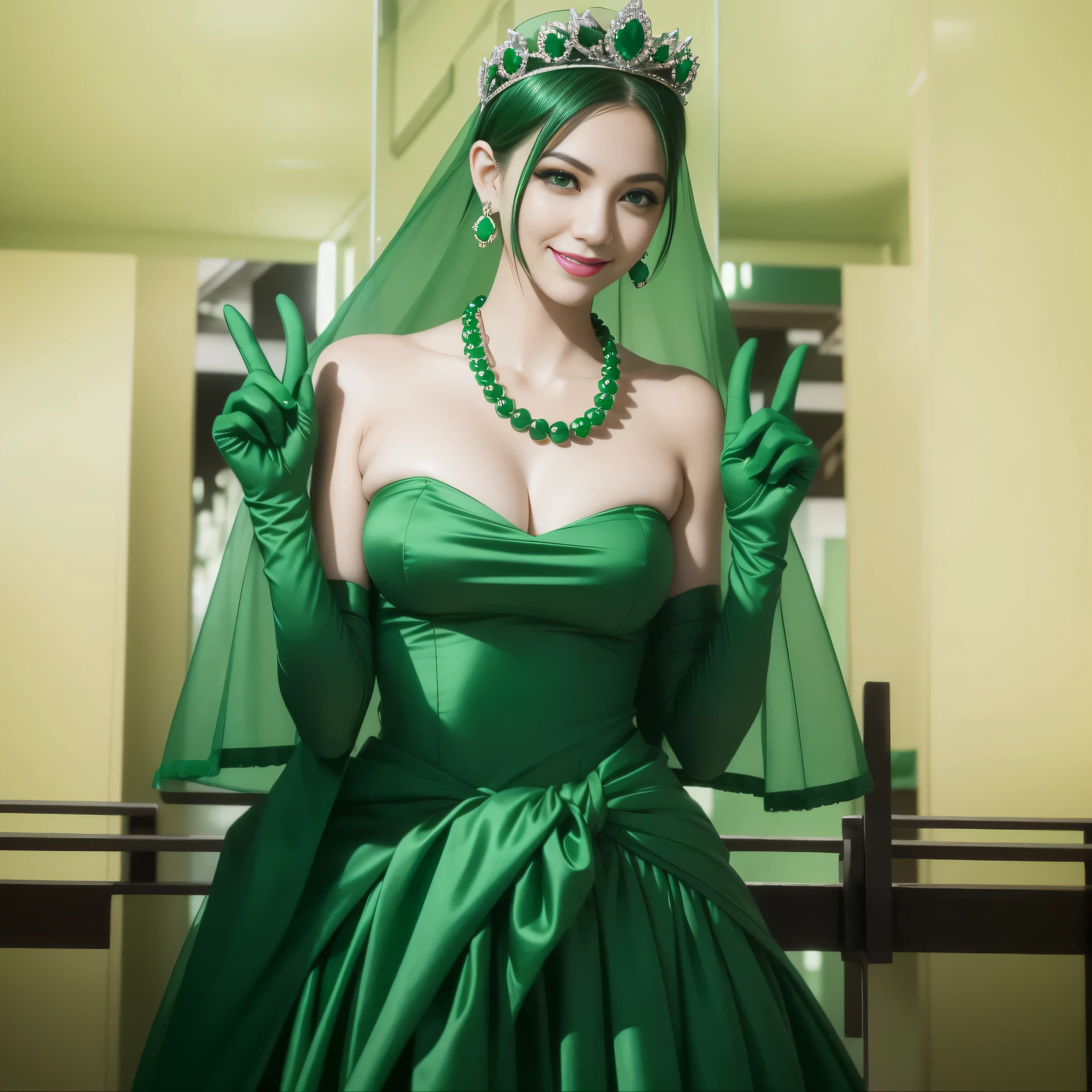 emerald tiara, Green Pearl Necklace, Boyish very short green hair, lipstick, Japan woman smiling, very short hair, big breasts beautiful, green eyes, Long green gloves made of satin material, green eyes, V sign, Emerald Earrings, green vale
