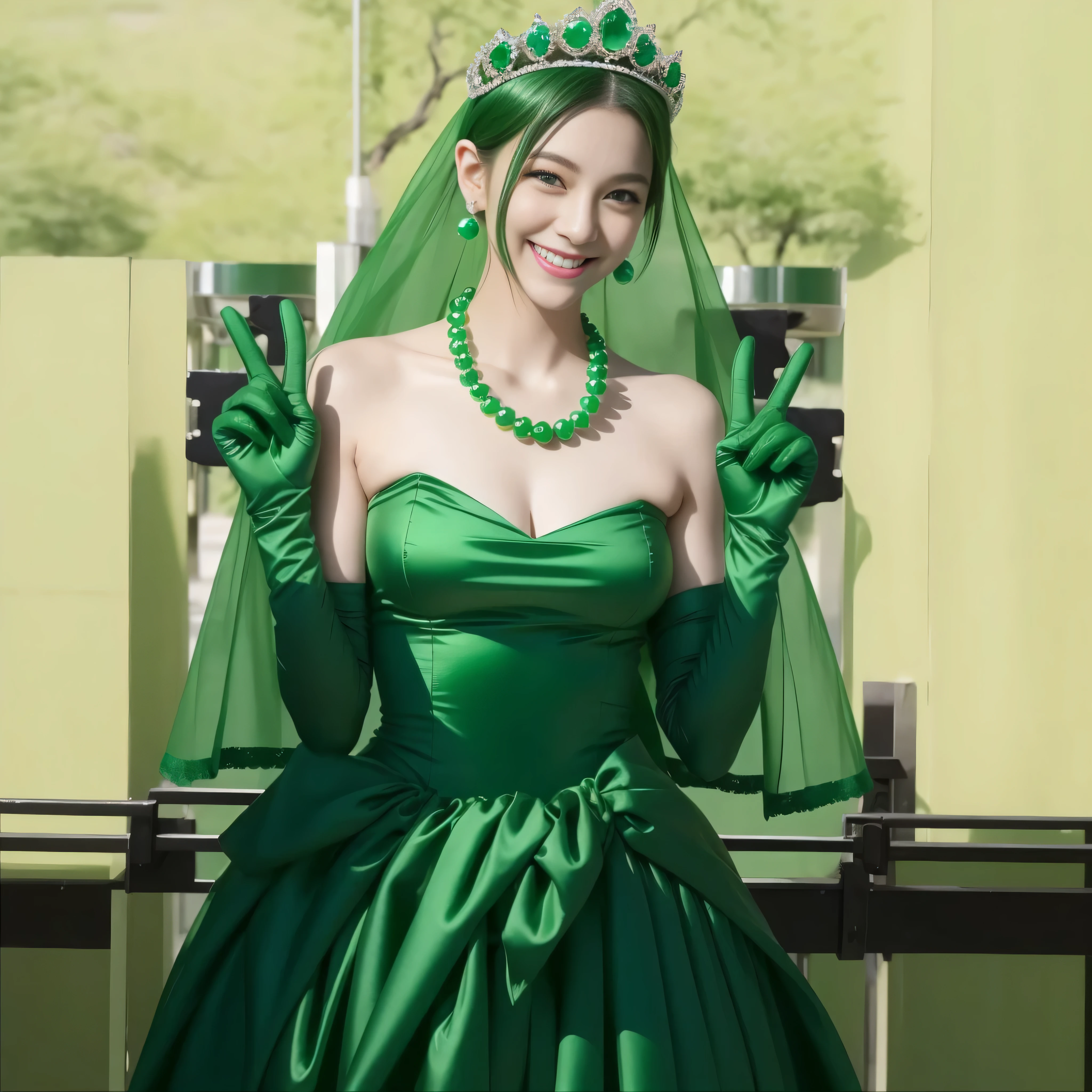 emerald tiara, Green Pearl Necklace, Boyish very short green hair, lipstick, Japan woman smiling, very short short hair, big breasts beautiful, green eyes, Long green gloves made of satin material, green eyes, v sign, Emerald Earrings, green vale
