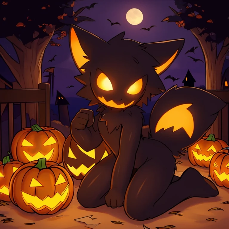 The tail in the right position,halloween,night,pumpkin,Randomly colored slimes cover the body,kneeling