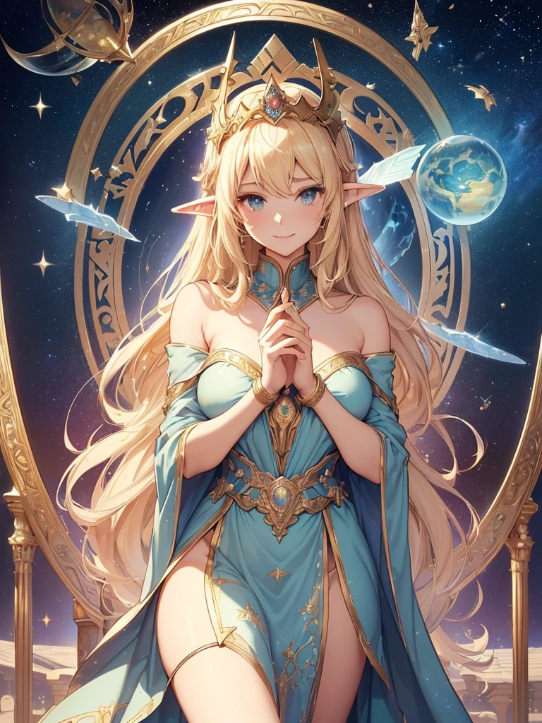 highest quality、Highest image quality、masterpiece、Super beautiful elf beauty((22 years old OL big bust、bust 90,beautiful long ironed hair、blonde、globe、、slender、Close-up、Esbian、beautiful tiara、High quality、beautiful art、background((starry ski)))muste piece、visual art、Depth of the bounds written、low angle of morning sky、、elf ears、、magic of light、space knight、harp melody🎵、A happy smile、gentle light、、Beautiful legs that are gentle on the skin、、、Number of fingers to achieve precise finger movements、ticker beautiful decorative dress、elegant、mystical　rosa、beautiful dress、　heaven、marble columns, beautiful dressy、magnificent marble dome、giant galaxy、religious painting、embrace the earth、temple of time、great watch、hourglass、sundial、moment of creation！myth、alphonse mucha art、art noveau、byzantine art、folding screen picture、gold foil、Raphael's paintings、renaissance art、Friendly smile