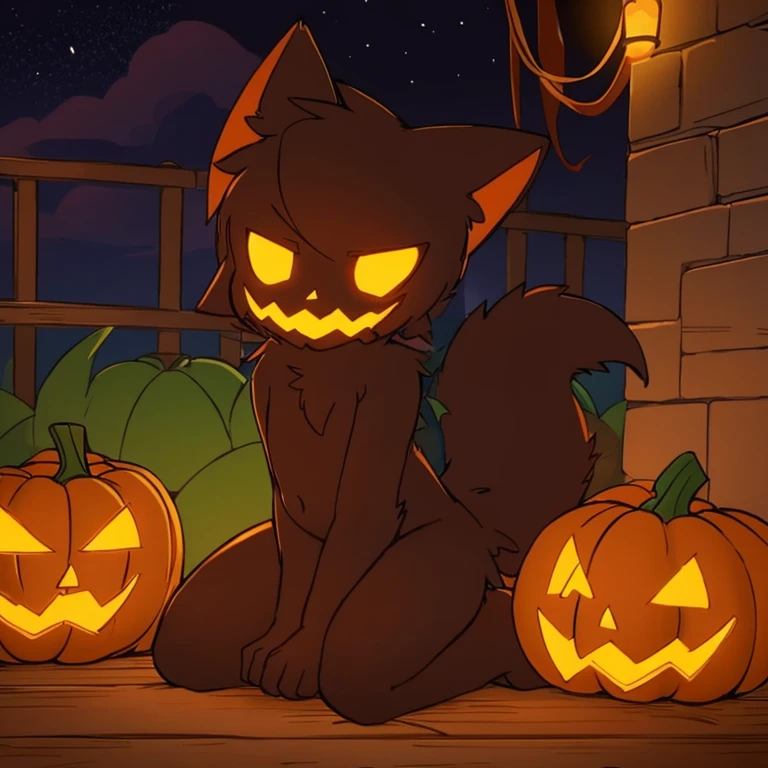 The tail in the right position,halloween,night,pumpkin,Randomly colored slimes cover the body,kneeling