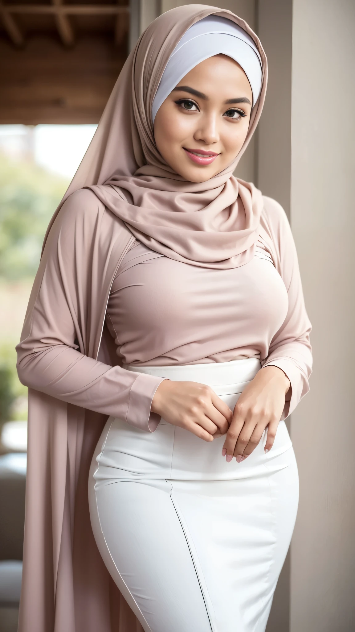 (Close up).RAW, Best quality, high resolution, work: 1.3, beautiful Malay woman in hijab, beautiful big eyes, smiling, beautiful face, shiny lips, soft smile, medium portrait, watery eyes, big breasts,thick thighs, woman in a brown top and very long white skirt standing outside, multilayered outfit, white and light-pink outfit, white hijab, wearing tight clothes, browns and whites, intriguing outfit, pencil skirt, dressed with long fluent clothes, dress, sleek outfit, very beautiful style, feminine in pastel shades, clean and , 🤠 using a 🖥 , modestly dressed, modest!, puff sleeves