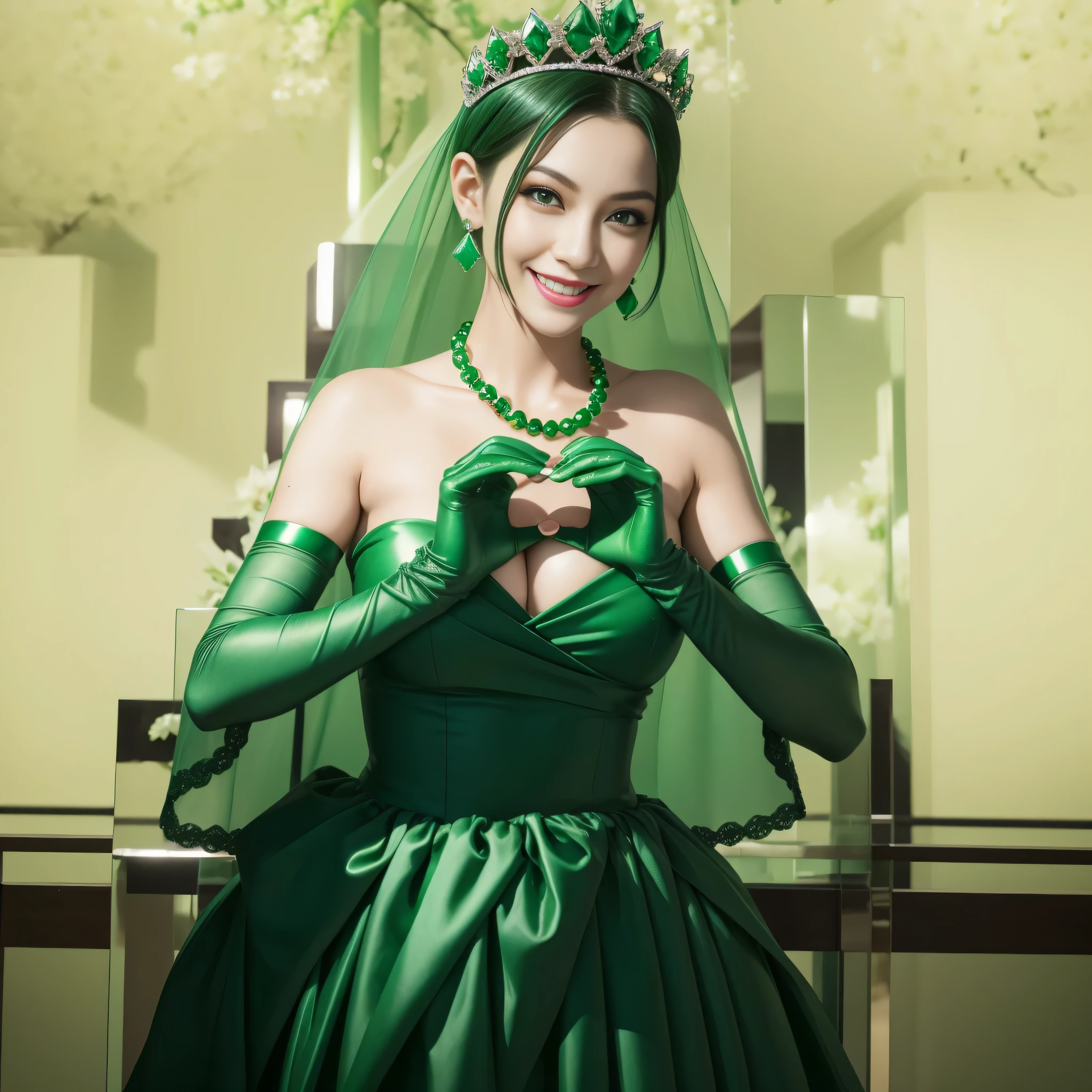 emerald tiara, Green Pearl Necklace, Boyish very short green hair, lipstick, Japan woman smiling, very short short hair,  Busty beauty, green eyes, Long green gloves made of satin material, green eyes, Emerald Earrings, green vale, Heart with both hands