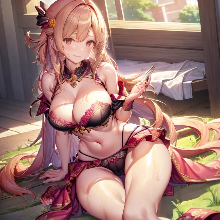 pieces fly, highest quality, Highly detailed CG Unity 8k wallpaper, sexy witch , long dark blonde wavy hair、off shoulder knit, dark blue pleated skirt, stockings、medium breasts, saggy breasts, , blush, shy smile, , (pink floral lace panties、pink floral lace bra、((open your legs wide))、Wet chest and crotch、please open your knees、、Massage the chest with your hands）、Wet chest and crotch、please open your knees、、Massage the chest with your hands）、、magic book、church bed、all fours on bed、stick out your butt、