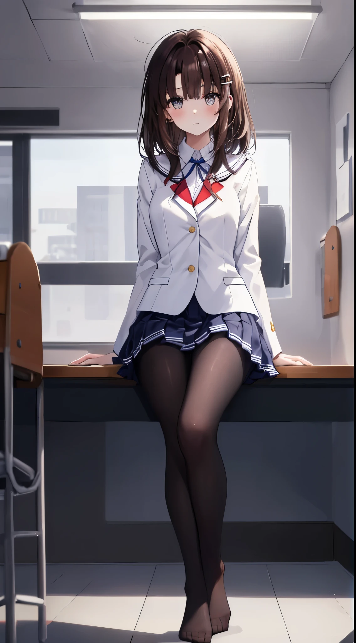 finest, masterpiece, High resolution, (full body), front, symmetrical, Mature tall high school girl, alone, (full body from head to toe), small breasts, slightly messy hair, (black tight track pantyhose), black pantyhose, composition showing white panties, slender beautiful legs, A very beautiful and tall girl, ((not wearing shoes)) , shy big eyes, ( (brown hair)), (bangs), messy hair, (hair clip), looking at camera, showing white panties, (forced to sit with legs up)、white ruffle lingerie, high school uniform blazer, high school uniform white blouse, High school uniform with blue ribbon, high school uniform with 短い plaid pattern and navy pleated skirt