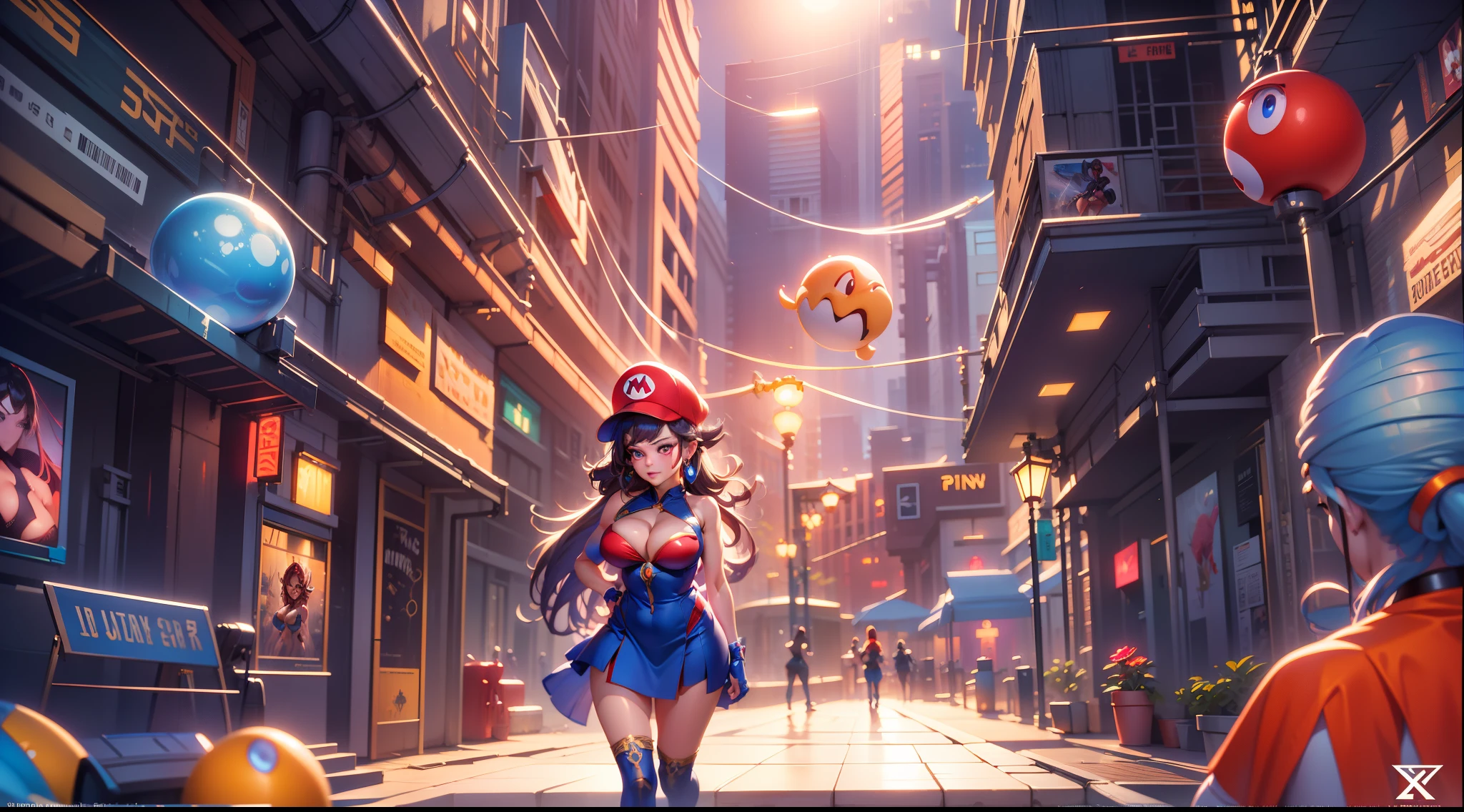full body portrait of a photo realistic beautiful girl, 1 girl, facing forward, waifu, flowing hair, super mario bros. themed and labeled short modern clothing and a red Mario hat, big beautiful flirtateous open eyes, standing straight, cinematic lighting, super mario bros environment setting, highly detailed, digital painting, trending on artstation, pixiv, concept art, sharp focus, illustration, art by ross tran and wlop, Glowing eyes, Best quality, good lighting, large breasts with cleavage, seductive face, Masterpiece, highres,sharp focus,(ultra detailed,extremely detailed),(photorealistic artwork:1.37),(extremely detailed CG unity 8k wallpaper),(((vibrant colors,vibrant theme))),(intricate),(masterpiece),(best quality), girl is playing with a cute yoshi