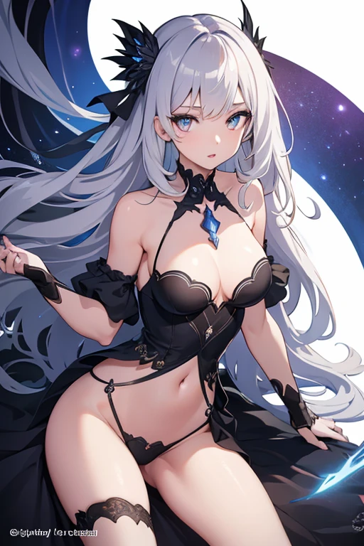 1girl, anime, cute girl, blank background, white background, fantasy, detailed dark fantasy dress with highlights, beautiful face, beautiful eyes, dark colors, silver hair, slightly small breasts, slight cleavage, beautiful skin, cute, breast curtains, extremely delicate and beautiful, (beautiful detailed face:1.0), (detailed deep eyes), symmetrical breasts, deep eyes, shiny skin, portrait, slender waist, hips wider than shoulders, thighs, young girl, expressionless, luminous eyes