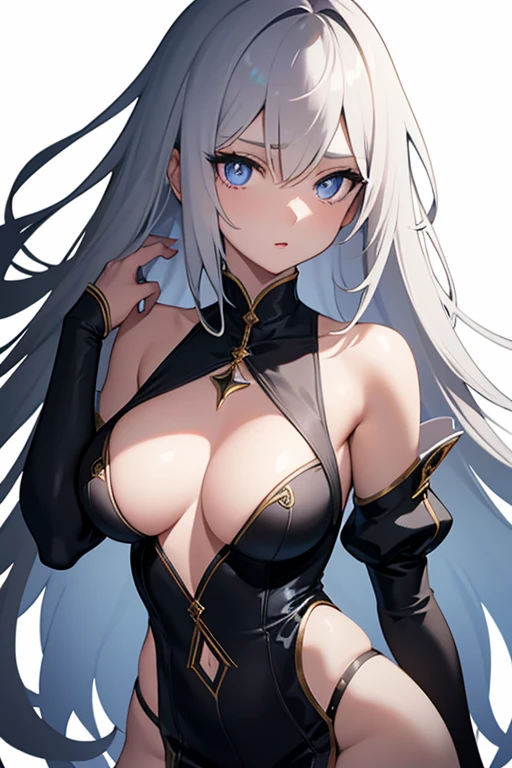 1girl, anime, cute girl, blank background, white background, fantasy, detailed dark fantasy dress with highlights, beautiful face, beautiful eyes, dark colors, silver hair, slightly small breasts, slight cleavage, beautiful skin, cute, breast curtains, extremely delicate and beautiful, (beautiful detailed face:1.0), (detailed deep eyes), symmetrical breasts, deep eyes, shiny skin, portrait, slender waist, hips wider than shoulders, thighs, young girl, expressionless, luminous eyes