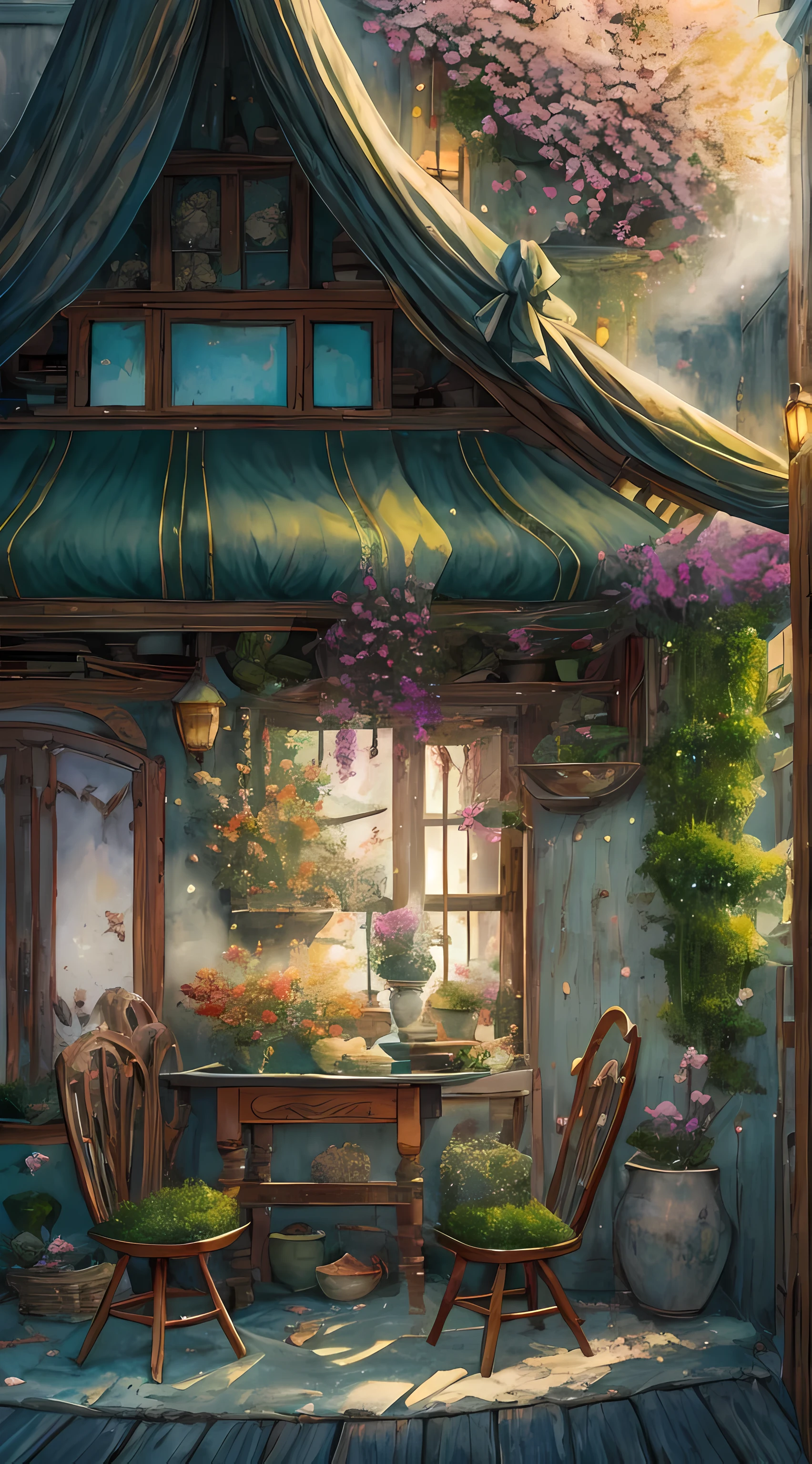 Emerald green moss pile blue, White clouds like flowing jade,When the lights flicker into wisps of colored mist.quiet house,Have quiet windows,Smooth benches covered with flowers.Dragon pear hanging in the niche,Exotic flowers everywhere.There are signs of fire next to the stove,There are food scraps in the container next to the table.Lovely stone chair and bed,Better slates and bows.One or two tall bamboos,T-shirt or plum blossom,A few pine trees that always attract rainwater,Everything feels like a real home.best quality, super detailed, best shadow,8K,official art