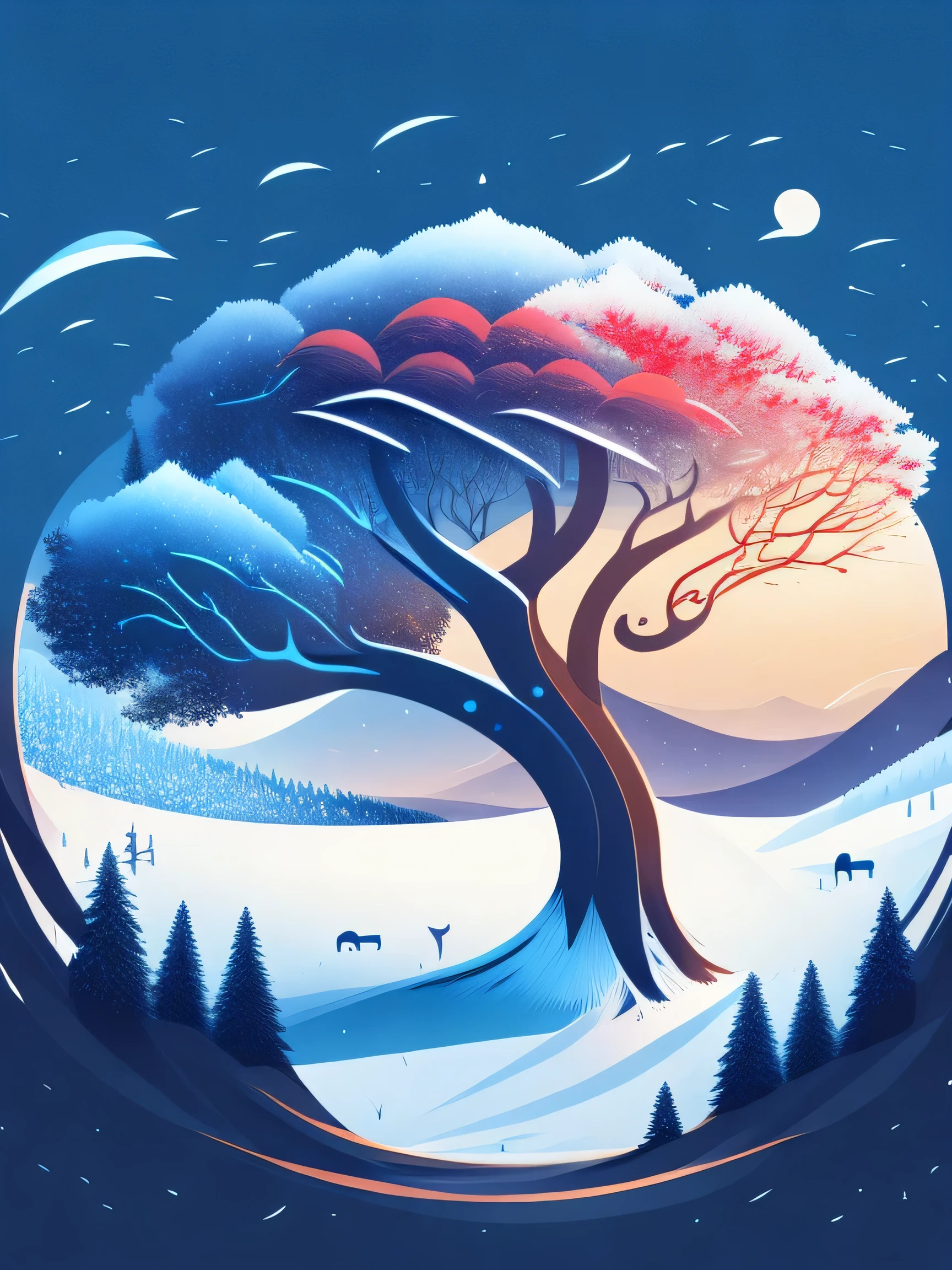 a spruice tree in a winter landscape, tshirt design, rzminjourney, vector-art
