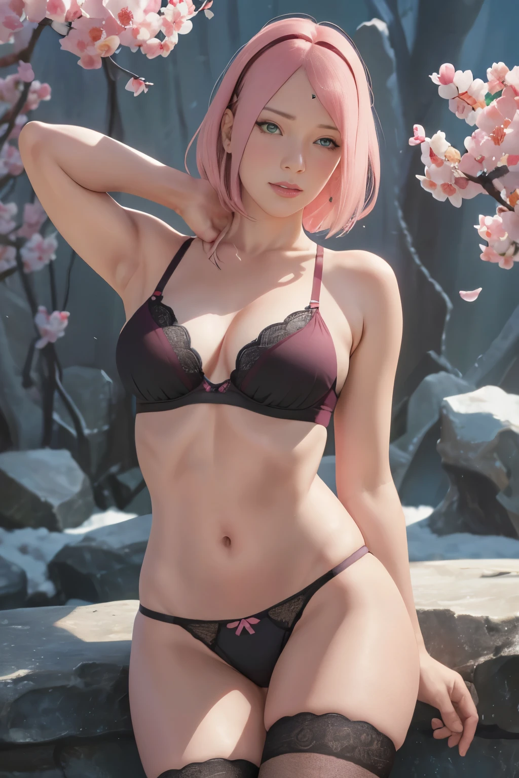 masterpiece, absurdres, sakura\(boruto\), 1girl, solo,mature female, black bra and black thong detailed linjerie, black thong detailed lenjerie, looking at viewelling petals), perfect composition, detailed lips, big breast, beautiful face, body propotion, blush, (pink lips), long hair, green eyes, soft gaze, super realistic, detailed, photoshoot, realistic face and body, thighhighs, provocative pose