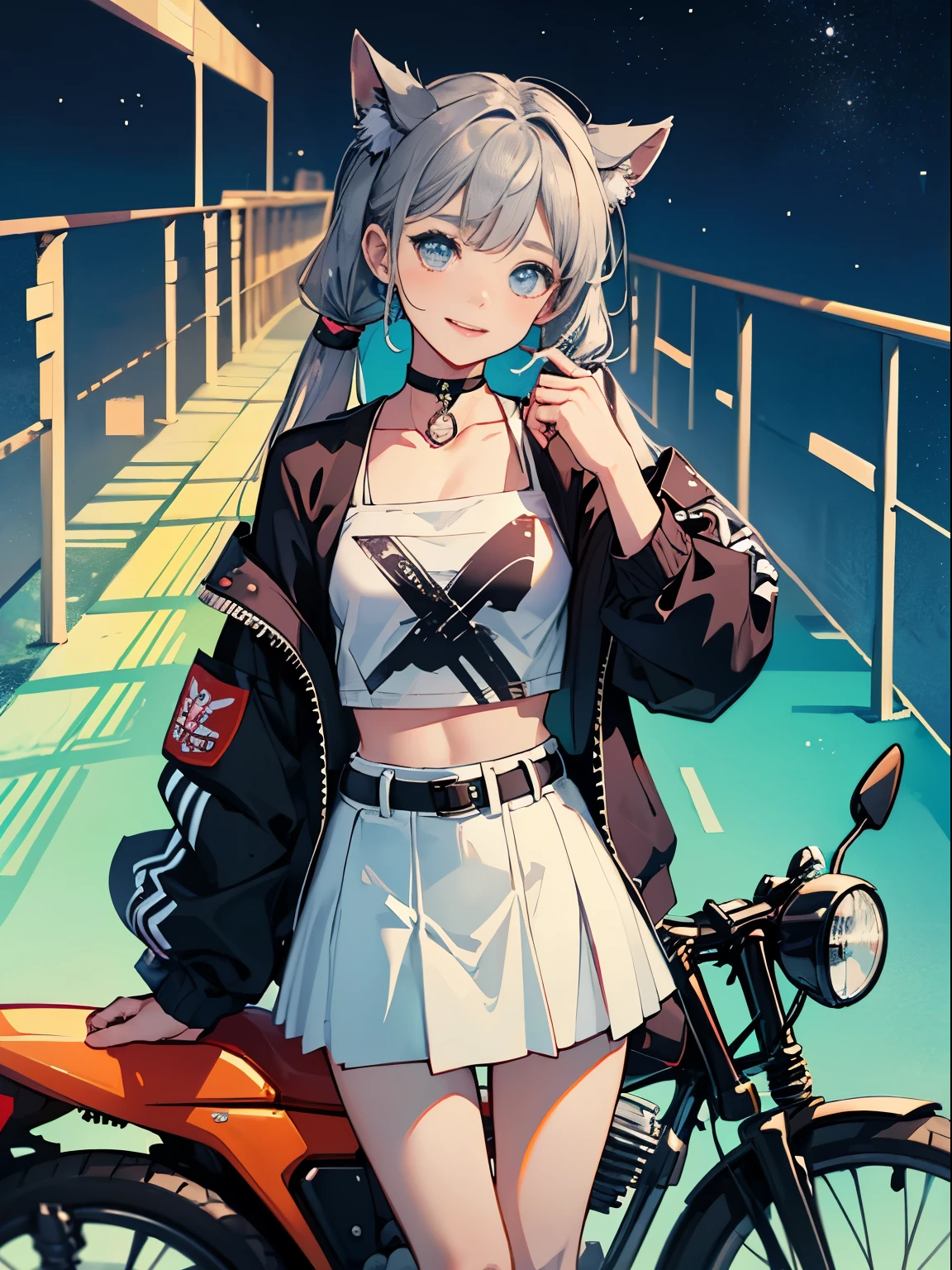 road by the sea,small and cute girl, fashionable clothes, summer vacation, Neon color, motorcycle,(long silver twin tail)、master piece、high quality、Scenic spots、evening、starry sky、glowing effect、movie「cute smiling girl」、akira motorcycle､8K、detailed bikes､ideal style、Super realistic、short skirt