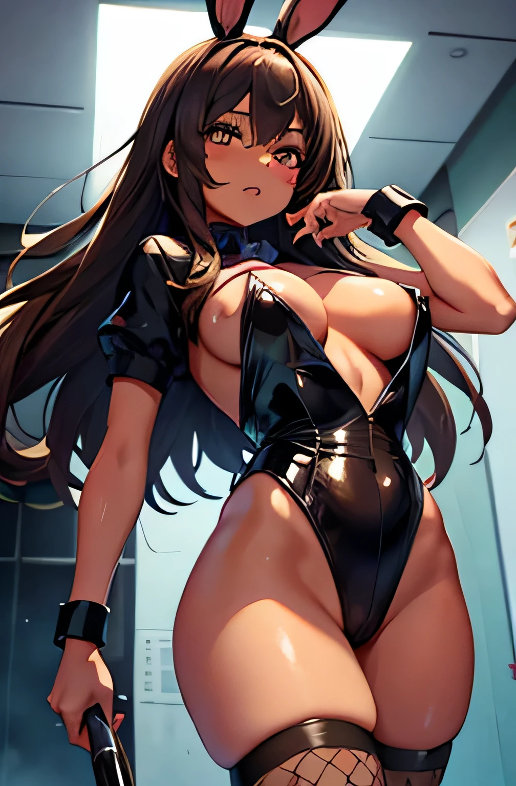 brown skin,Bunny girl,Fishnet tights,big breasts,three white eyes,two girls,nipple,Oil-soaked skin