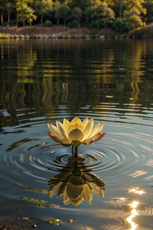 Lotus flower in a serene lake at sunrise, delicate petals reflecting golden light, rodeada por folhas verdes vibrantes, creating a scene of calm and renewal, Fotografia, DSLR camera with 50mm macro lens, --ar 16:9 --v 5