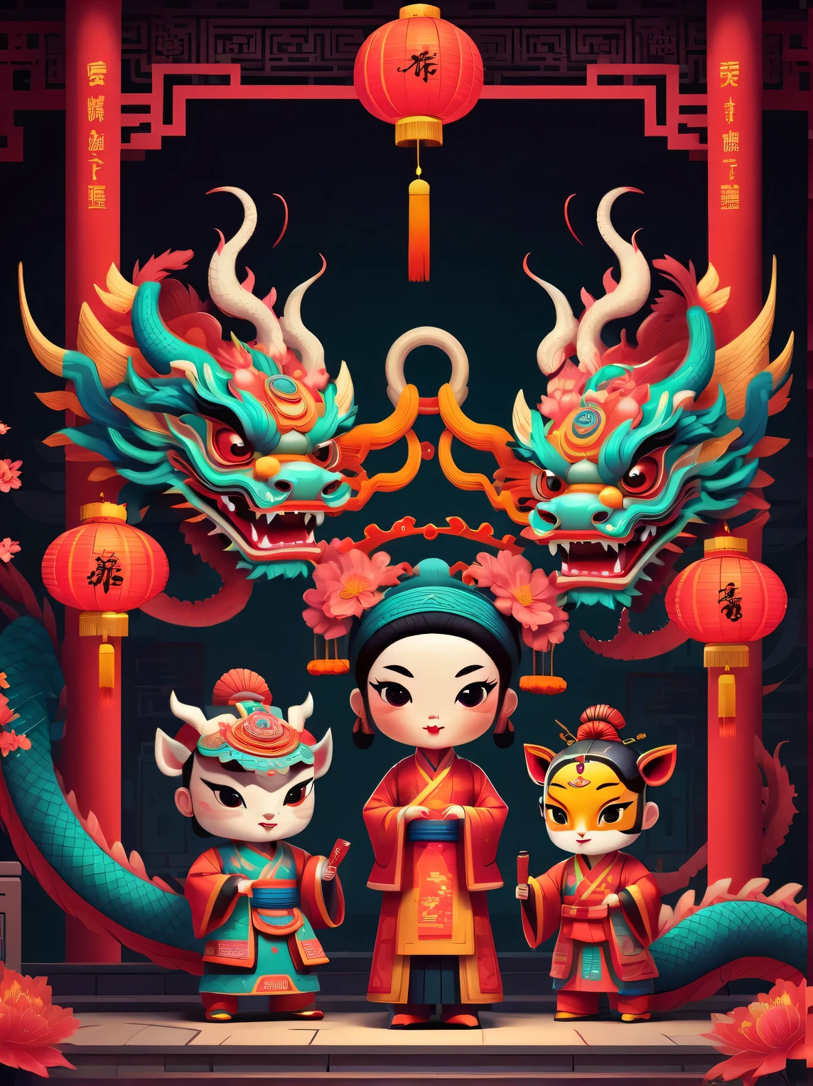 Cyberpunk era style New Year, Happy New Year, neon lights, using symbol planes and flat color blocks to create graphic style illustrations. Two super cute Chinese dragons are depicted against the backdrop of Chinese opera stages and traditional Chinese architecture. Integrating symmetrical geometric patterns, auspicious patterns, and Chinese clothing elements, including headwear patterns. Rendered Maya style illustrations inspired by folk art of flower arrangement. Use bright color combinations, masks, and totems. Make sure you have a white background, beautiful borders, clear contours, and emphasize folk themes.