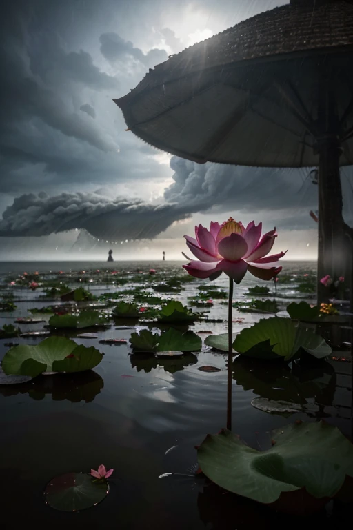 A lotus flower blooming in the middle of a storm, chuva intensa e raios ao redor, symbolizing strength and resilience in the face of adversity, Arte Digital, using realism techniques, --ar 16:9 --v 5