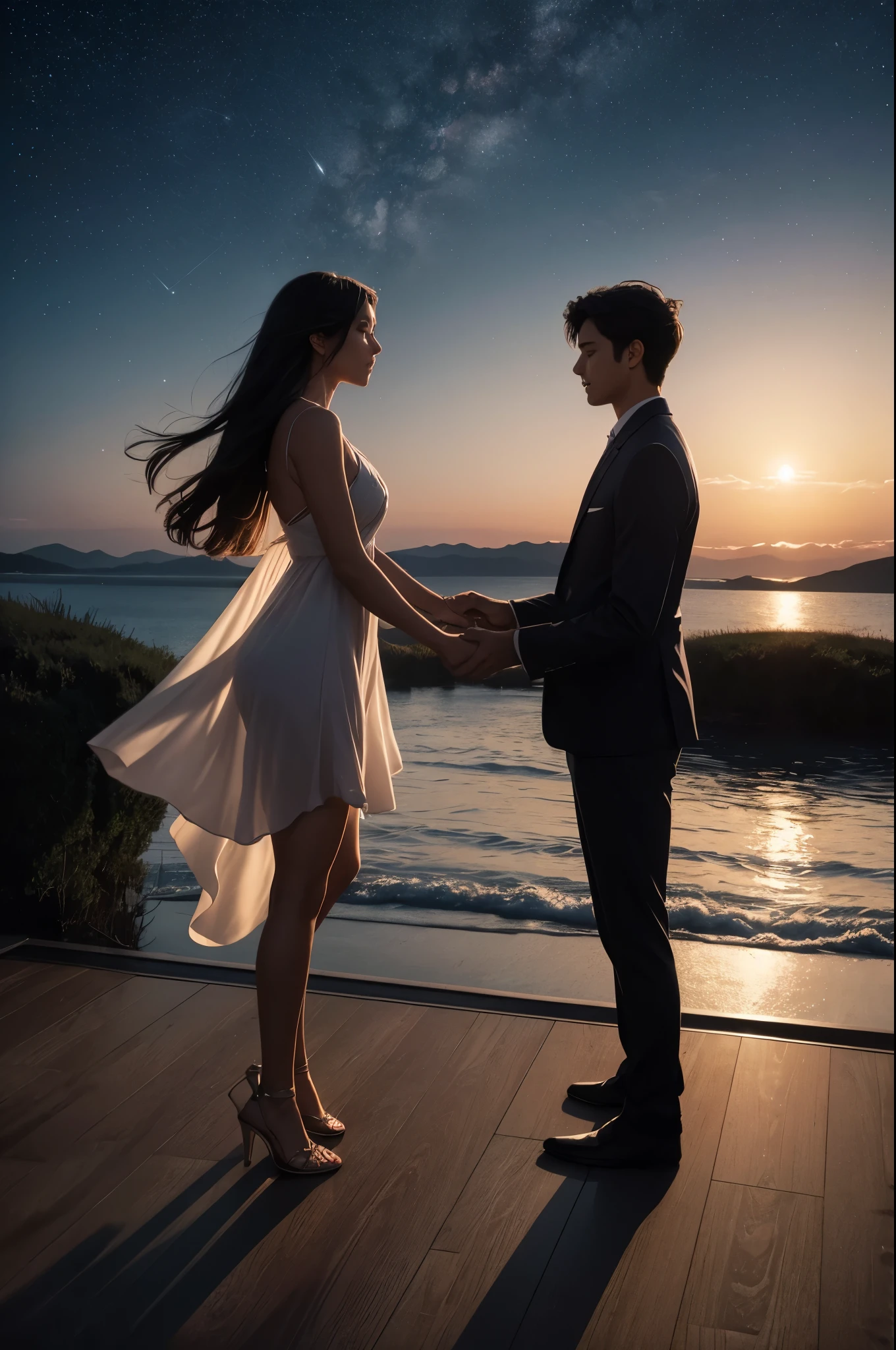 a tranquil night sky adorned with a subtle constellation of stars, embodying the lyrics' intimate connection. In the center, silhouettes of two figures reach towards each other, symbolizing the emotional support described in the song. A gentle glow emanates from them, signifying warmth and gratitude. The transition from night to dawn delicately portrayed at the horizon, capturing the shift from darkness to the soft hues of morning light. Subtle curves and paths suggest the twists and turns of the emotional journey