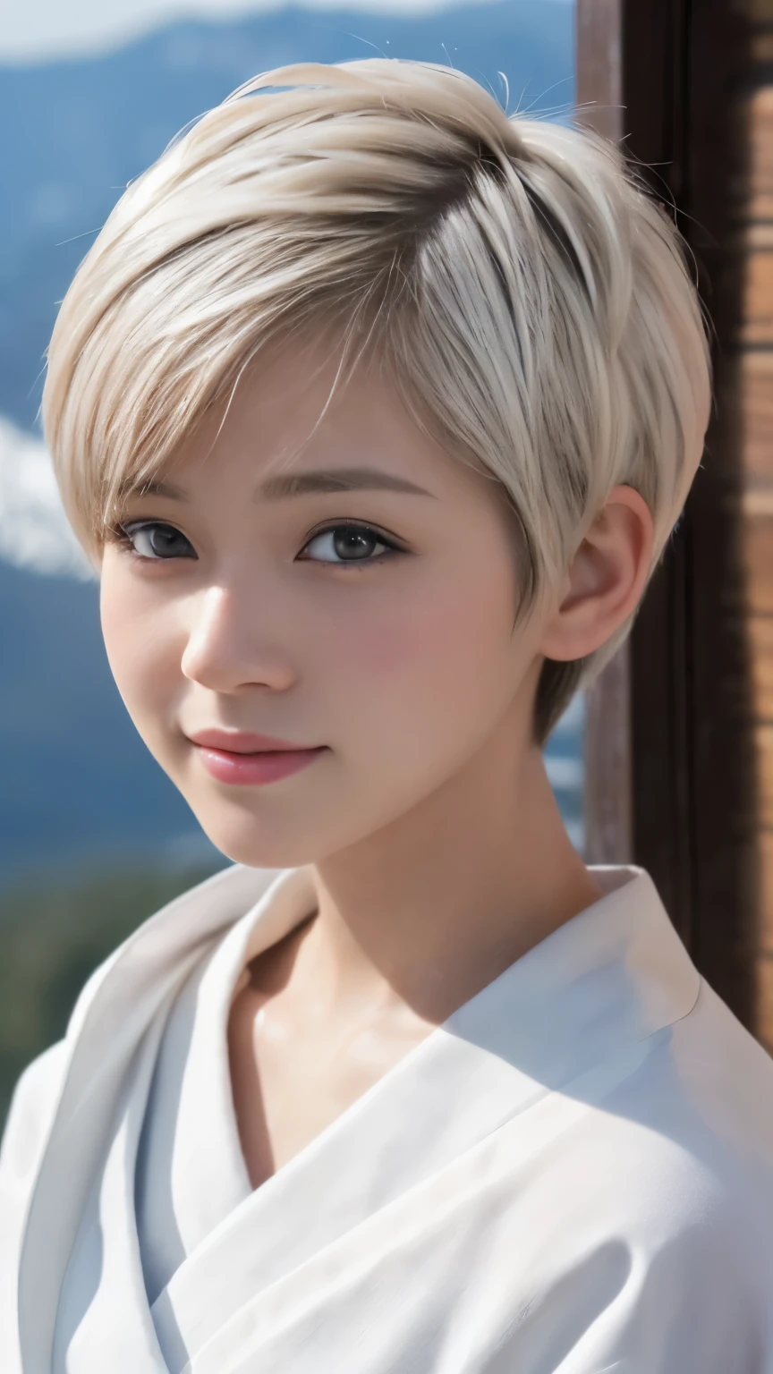 ((Best-quality, Masterpiece, Ultra-High-Resolution, (Photorealistic:1.4), Raw-Photo, Extremely-Details, Perfect-Anatomy)), 1girls, 18-years-old, the most popular Japanese-idol, standing at snowy mountain, innocent smile, (((((extremely cute face like a most famous Japanese-idol, extremely beautiful big-black-eyes, extremely beautiful white-short-cut-haired))))), extremely beautiful lips, extremely beautiful long-eyelashes, extremely beautiful white-skins, wearing only white-Japanese-KIMONO, detailed snowy-mountain, detailed white-Japanese-KIMONO
