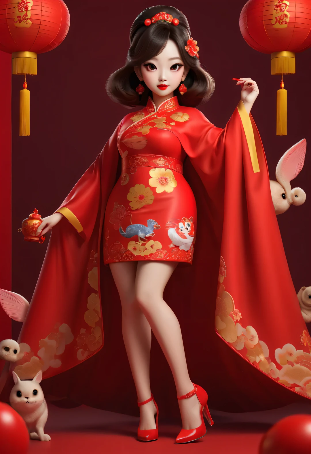 A Chinese cute 颜色+神兽 ,
神兽 tail,big eyes, cute fat, angular, wearing clothes inspired by the Chinese New Year festival, wearing a long Chinese red cape, painted with fancy nails, red lips and high heels, posing in a realistic 3 D outline, red background, light and shade contrast, backlight and motion lines, textured skin, HD detail, ultra high detail, ultra high definition, 16k resolution, high quality, OC rendering, 3 D rendering,