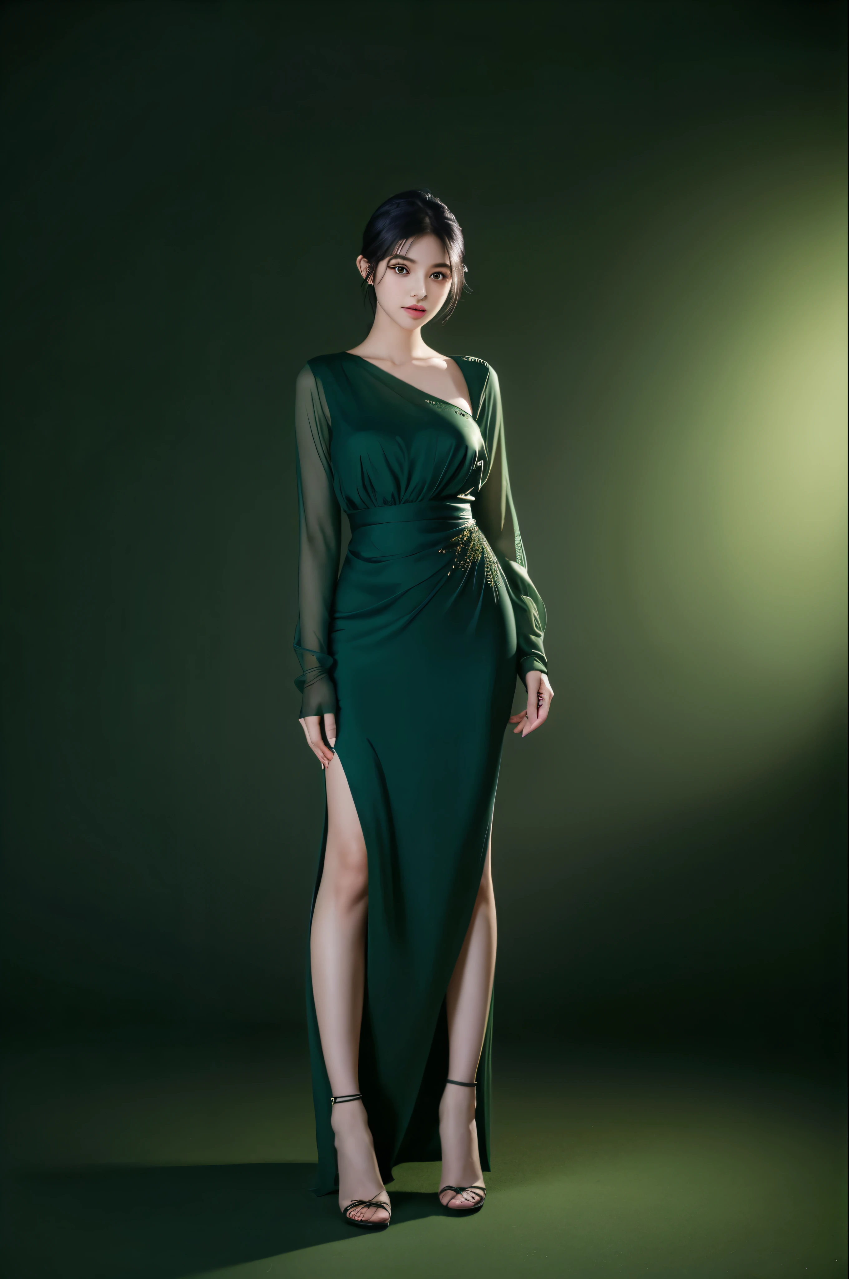 1girl,random outfit, dark green background background,((very beautiful girl)), , ((long eyelashes)), half body, ((full body)), posing