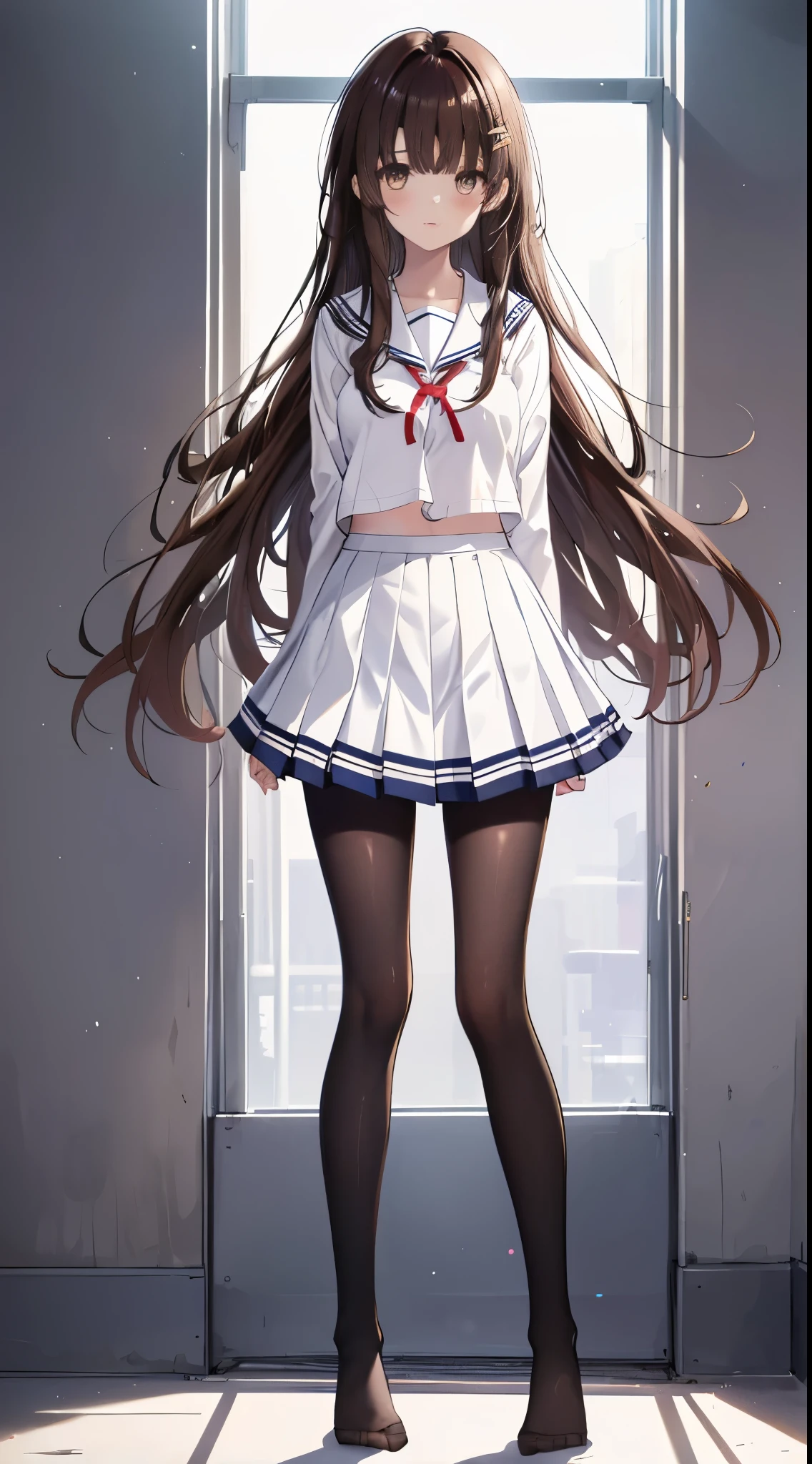 finest, masterpiece, High resolution, (full body), front, symmetrical, Mature tall high school girl, alone, (full body from head to toe), small breasts, slightly messy hair, (black tight track pantyhose), black pantyhose, composition showing white panties, slender beautiful legs, A very beautiful and tall 17 year old girl, ((not wearing shoes)) , shy big eyes, ( (brown hair)), (bangs), messy hair, (hair clip), looking at camera, showing white panties, (arms tied, arms behind), white ruffle lingerie, high school uniform blazer, high school uniform white blouse, High school uniform with blue ribbon, high school uniform with 短い plaid pattern and navy pleated skirt