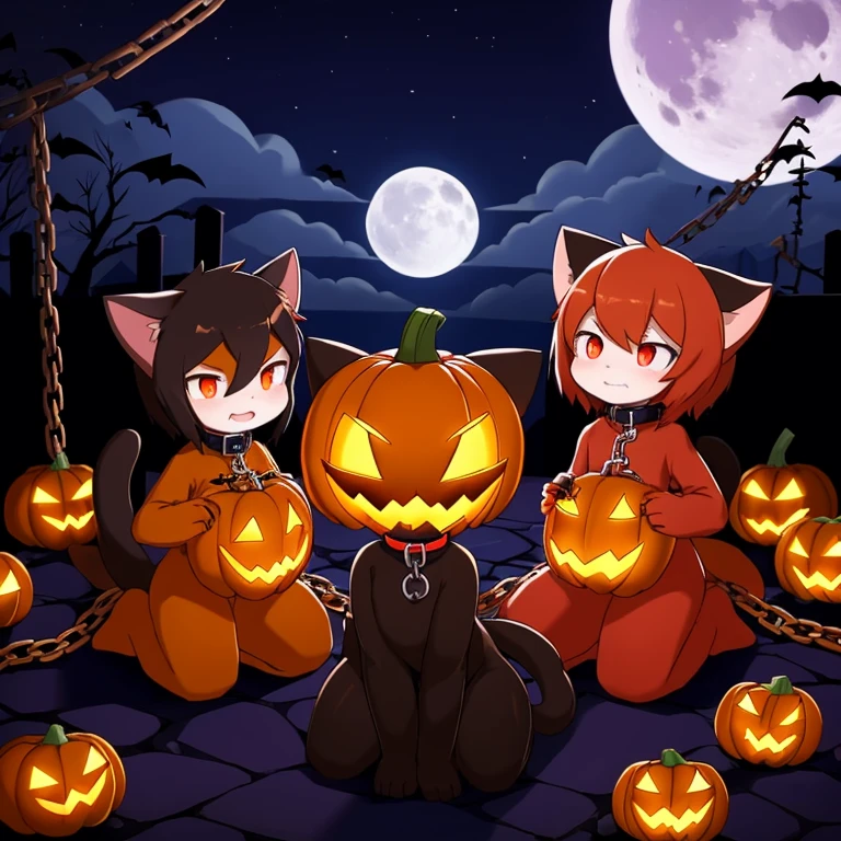 Three cats,The tail in the right position,red pupils,collar,halloween,night,pumpkin,随机颜色slimes覆盖了身体,kneeling,slimes,chain,moon