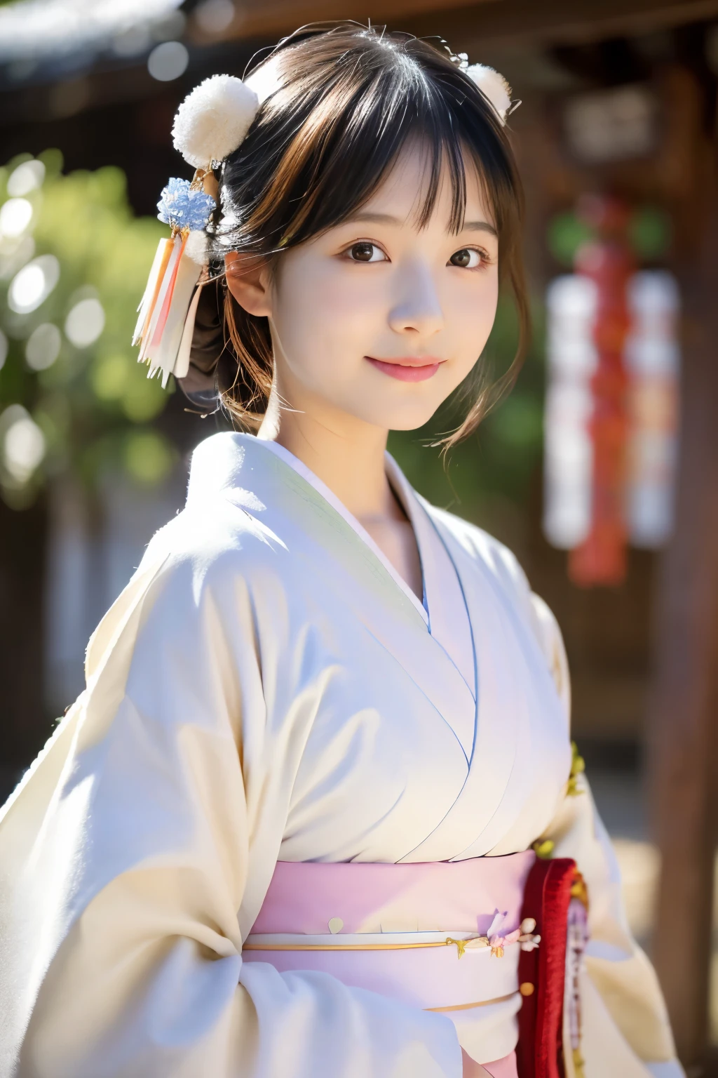 (((masterpiece))), (((full body photo))),(((first visit of the year to a shrine)))、(((Japanese shrines)))、 (one beautiful girl, innocence,cute) ,ultra high resolution, reality, Super detailed, 8k,highest quality, very detailed, blurred background,thin,small breasts,(very beautiful japanese girl, detailed face:1.3), (Gorgeous hair ornaments,short black hair :1.4), (baby face,cute系,adorable 10 year old girl), (perfect body:1.1),((She wearing a gorgeous long-sleeved kimono based on white.,Short length))、Rose color,Gorgeous smile,Super detailedな顔、detailed lips、detailed eyes、small gravure idol,transparent skin、ta,Photoreal:1.37、beautiful thighs,Wrapped in the morning sun,clear air,cold winter ailling snow,snow scene,背景にたくさんのfirst visit of the year to a shrine客