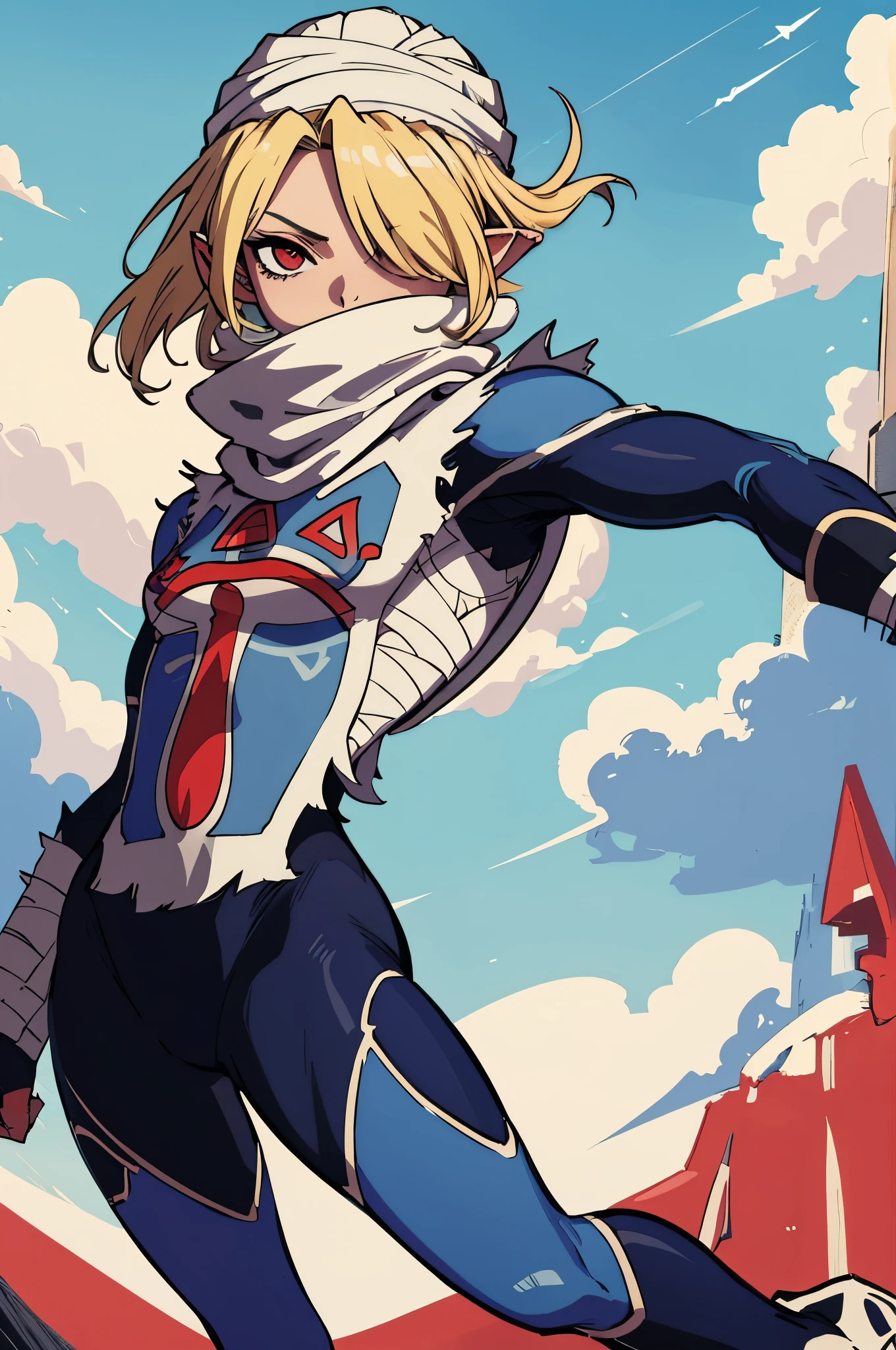 masterpiece, best quality, lozsheik, turban, mask, scarf, pointy ears, hair over one eye, blue bodysuit, surcoat, bandages, leaping, sky, dynamic pose