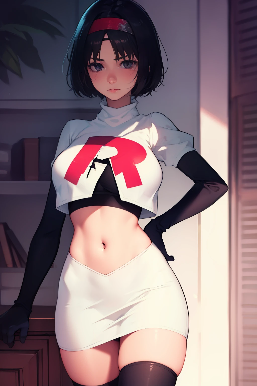 Erik, headband, short hair, grey eyes ,team rocket uniform, red letter R, white skirt,white crop top,black thigh-high boots, black elbow gloves, looking at viewer, cowboy shot,