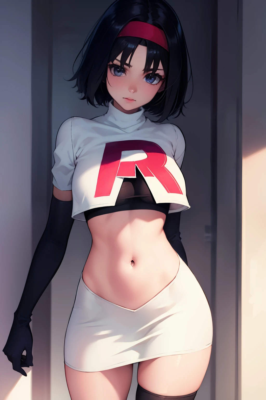 Erik, headband, short hair, grey eyes ,team rocket uniform, red letter R, white skirt,white crop top,black thigh-high boots, black elbow gloves, looking at viewer, cowboy shot,