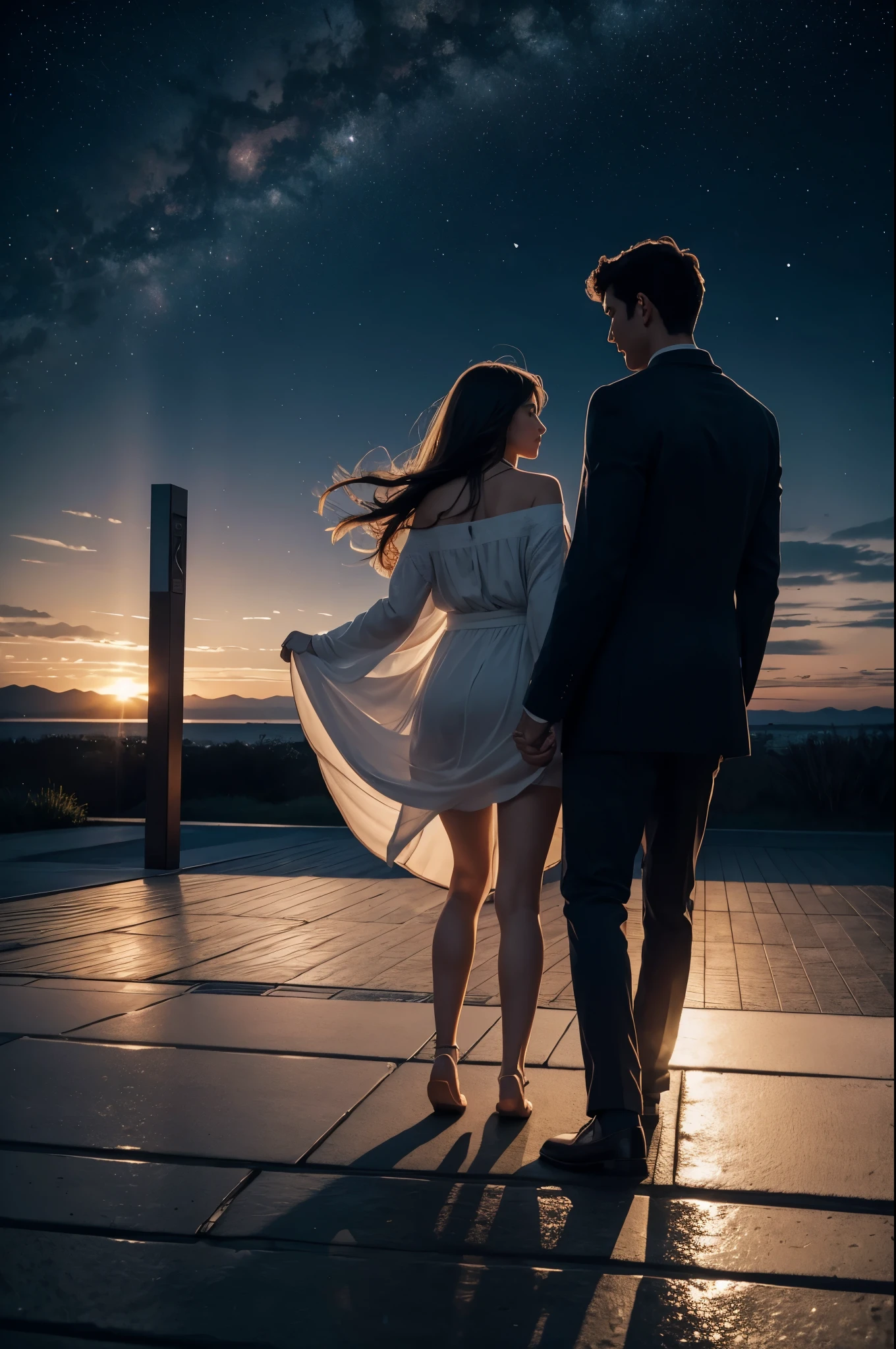 a tranquil night sky adorned with a subtle constellation of stars, embodying the lyrics' intimate connection. In the center, silhouettes of two figures reach towards each other, symbolizing the emotional support described in the song. A gentle glow emanates from them, signifying warmth and gratitude. The transition from night to dawn delicately portrayed at the horizon, capturing the shift from darkness to the soft hues of morning light. Subtle curves and paths suggest the twists and turns of the emotional journey