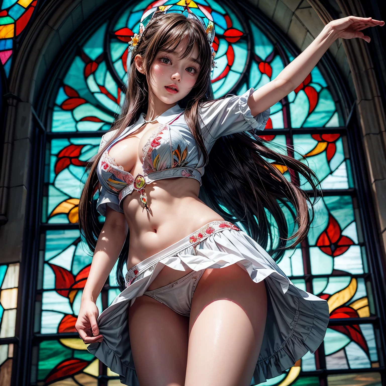 White and Red, Masterpiece, (physically-based rendering with ultra-detailed, (realistic and (photorealistic:1.37) with touch of rawness), Acutance:0.8) . A group of KAWAII girls in (school uniform) with full opened Gigantic Cleavage . (((extremely detailed KAWAII face variations)) with joyful expressions), { Navel | pretty Ass | (Overflowing underboob) | White panties with (blood seeping only in crotch area) | (full of Flowers covering girl's body) | ((Dazzling colorful stained glass with stunning elaborate details:1.2)) | A Dazzling Halo Floating above girl's head } . (Exposed:1.0), ((nipple:-0.9)), (not Detailed fingers:-0.9) .