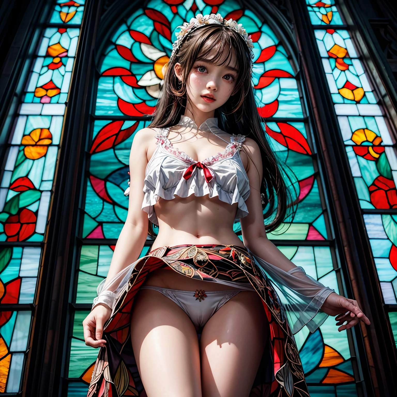 White and Red, Masterpiece, (physically-based rendering with ultra-detailed, (realistic and (photorealistic:1.37) with touch of rawness), Acutance:0.8) . A group of KAWAII girls in (school uniform) with full opened Gigantic Cleavage . (((extremely detailed KAWAII face variations)) with joyful expressions), { Navel | pretty Ass | (Overflowing underboob) | White panties with (blood seeping only in crotch area) | (full of Flowers covering girl's body) | ((Dazzling colorful stained glass with stunning elaborate details:1.2)) | A Dazzling Halo Floating above girl's head } . (Exposed:1.0), ((nipple:-0.9)), (not Detailed fingers:-0.9) .
