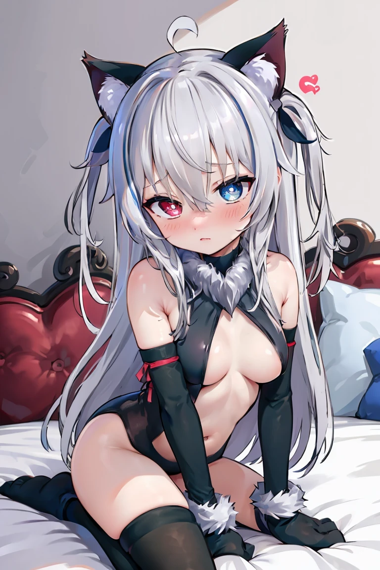 masterpiece, best quality, Nisha Nixyeva, long hair, oo bangs, blue eyes,red eyes, grey hair, heterochromia, streaked hair, hair ribbon, two side up, hair between eyes, very long hair, ahoge, medium breasts, heart-shaped pupils, aroused face, blush, full body, (bedroom background:1.2), girl on bed, 1girl, solo, black cat ears, black cat tail, illyabeast ,paw gloves, black elbow gloves, hair bell, black thighhighs, ribbon, animal hands