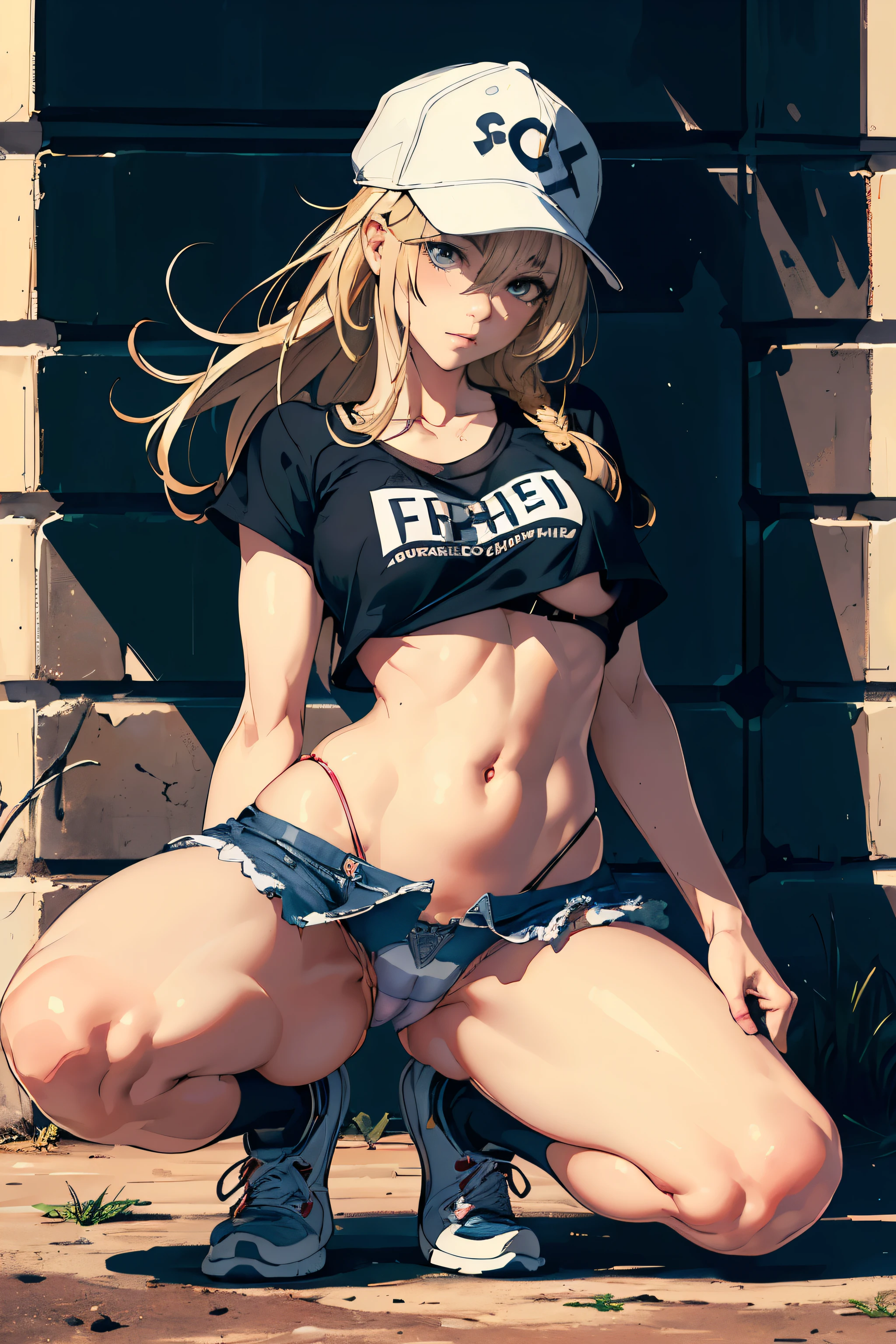 masterpiece, super detailed, 8K portrait, Raw photo, portrait photography, highly detailed face, beautiful and detailed eyes, Close-up of a woman wearing a white T-shirt and micro denim skirt and holding a gun, blonde long hair, baseball cap, small details. female action girl, full body portfolio, gun action, big ass, pants line, ((Panties that dig into the crotch)), socks, sneakers, dull bangs, adult woman, belly button, crack, ((camel toe)), midday sun, surreal, body model, beautiful breasts, long legs, on the urban battlefield, environmental lighting, shadow details, focus the camera on the face, strong wind, light fog