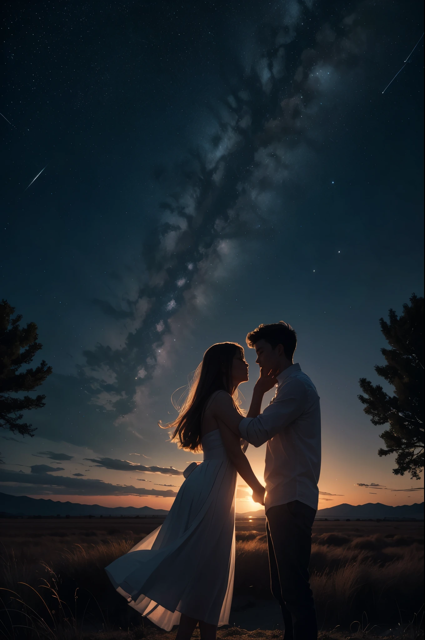 a tranquil night sky adorned with a subtle constellation of stars, embodying the lyrics' intimate connection. In the center, silhouettes of two figures reach towards each other, symbolizing the emotional support described in the song. A gentle glow emanates from them, signifying warmth and gratitude. The transition from night to dawn delicately portrayed at the horizon, capturing the shift from darkness to the soft hues of morning light. Subtle curves and paths suggest the twists and turns of the emotional journey