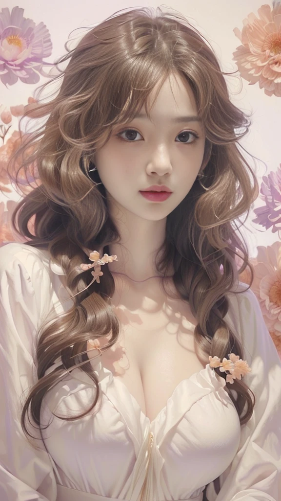 Female((30year old)), hair((long, wavy, brown)), eyes((smart eyes, hazel)), clotheilker clothes, light purple, purple)), chocker, hair ornaments, flower hair pin, diamond necklace, earrings, gigantic boobs, (huge breast: 1.2), nursing room, smiling, cleavage, open mouth,